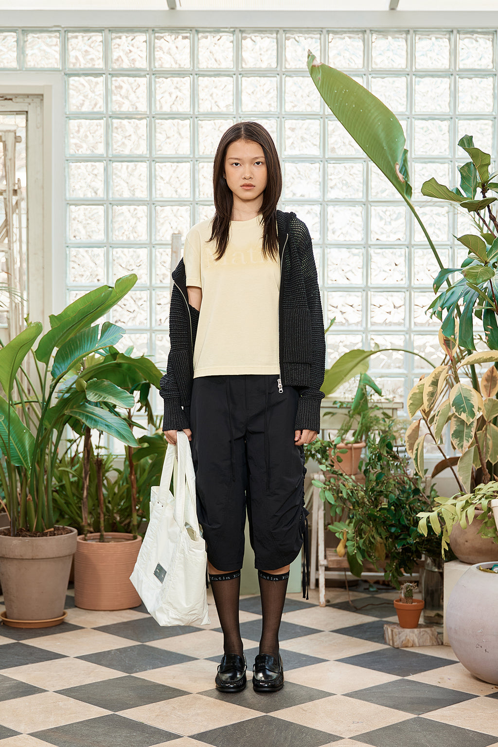 Matinkim Two Tone Mesh Knit Hoody Zip UP IN Black