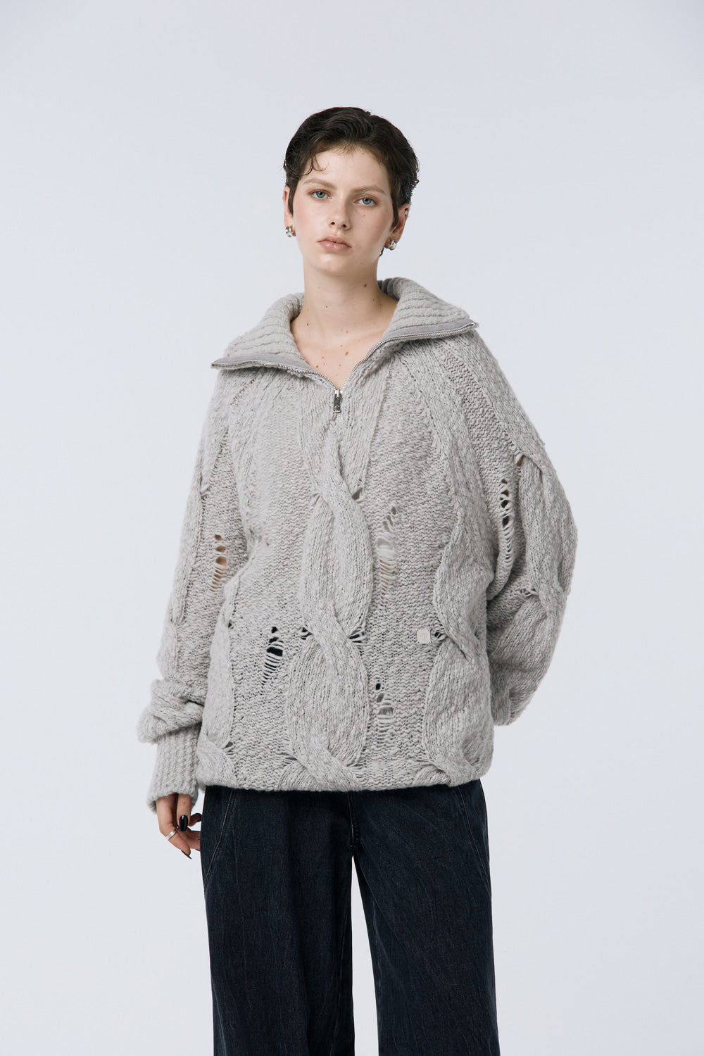 Treemingbird Cable Knit Anorak Pullover Light Gray