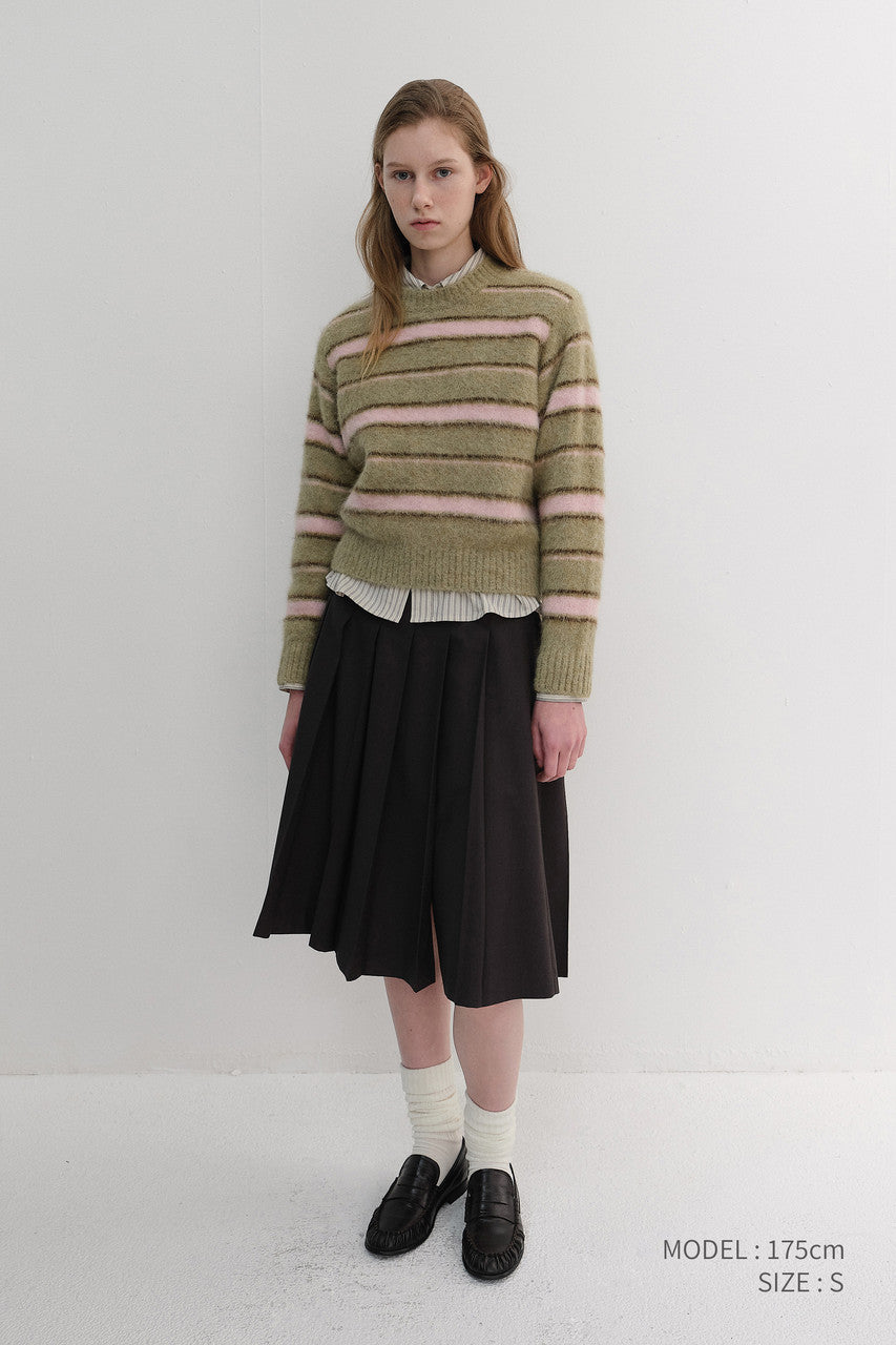 Dunst Unisex Striped Hairy Sweater Olive Pink