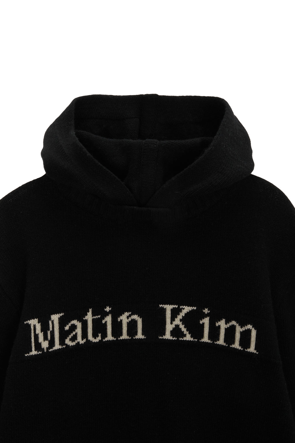 [matinkim] DAMAGE LOGO KNIT HOODIE IN BLACK
