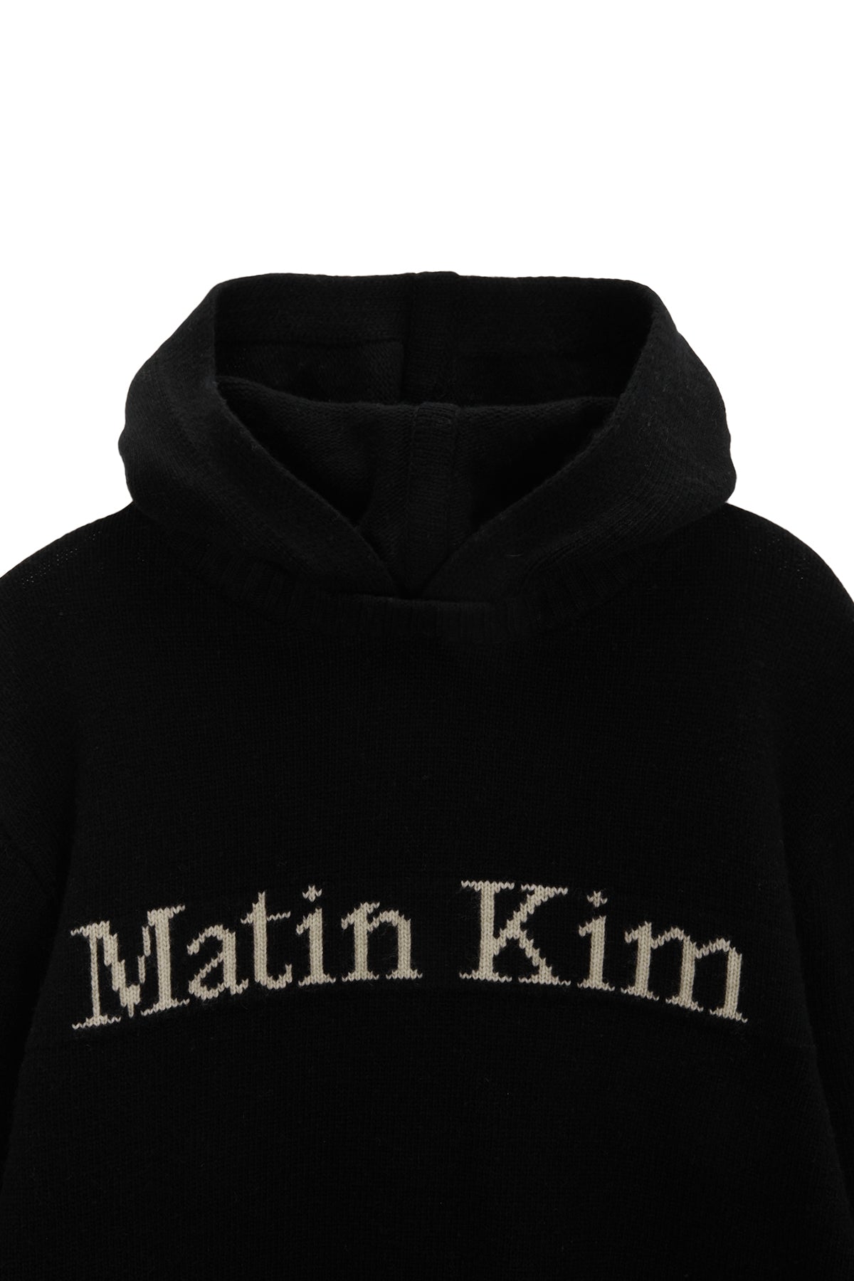 [matinkim] DAMAGE LOGO KNIT HOODIE IN BLACK
