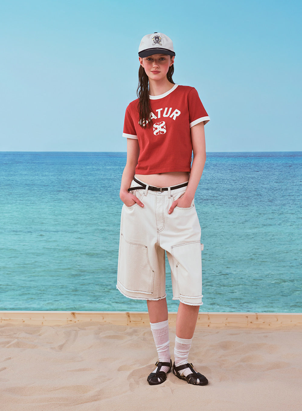 Satur (W) Arch Logo Ringer T-Shirt - Red