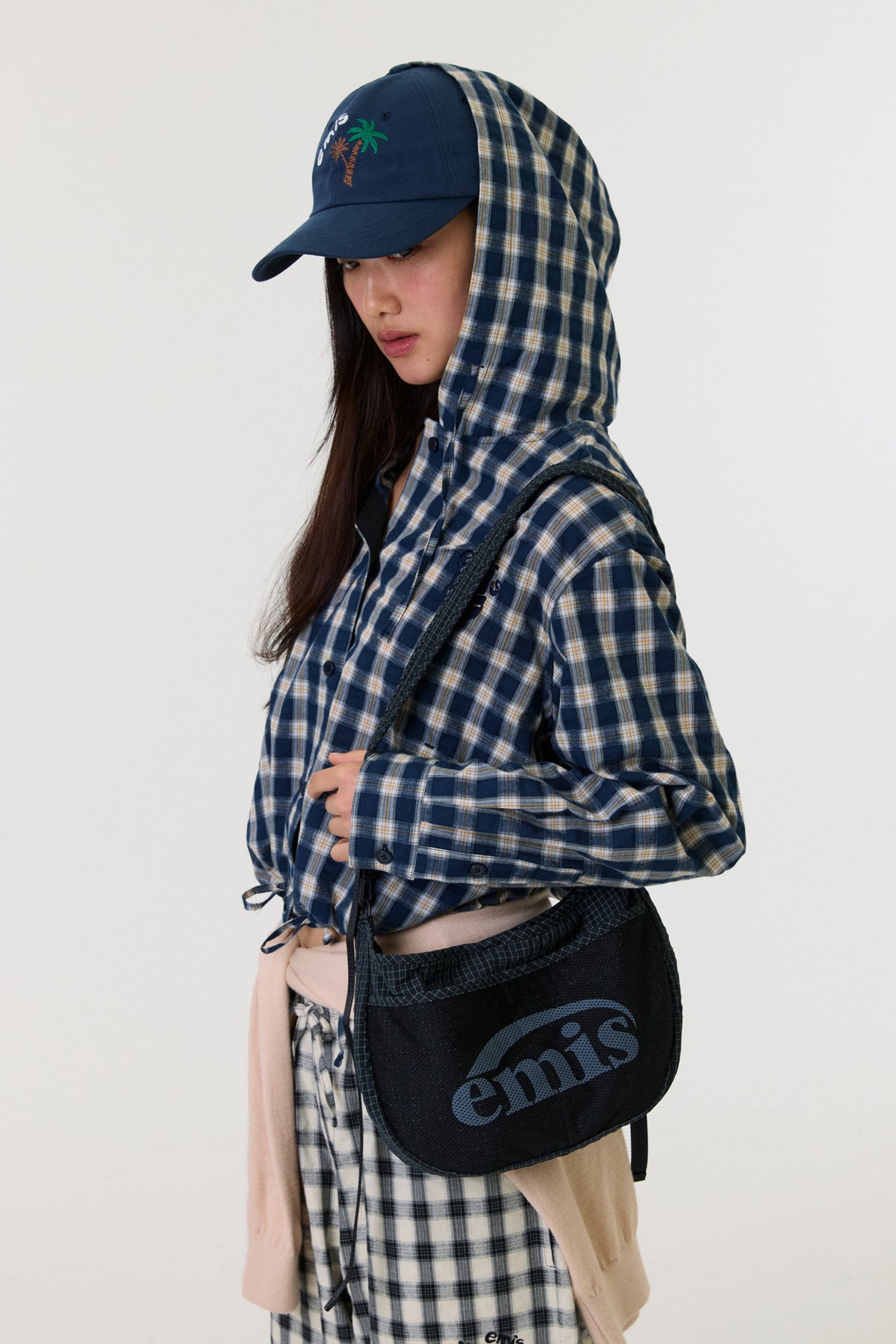 Emis Hooded Check Shirt-Navy