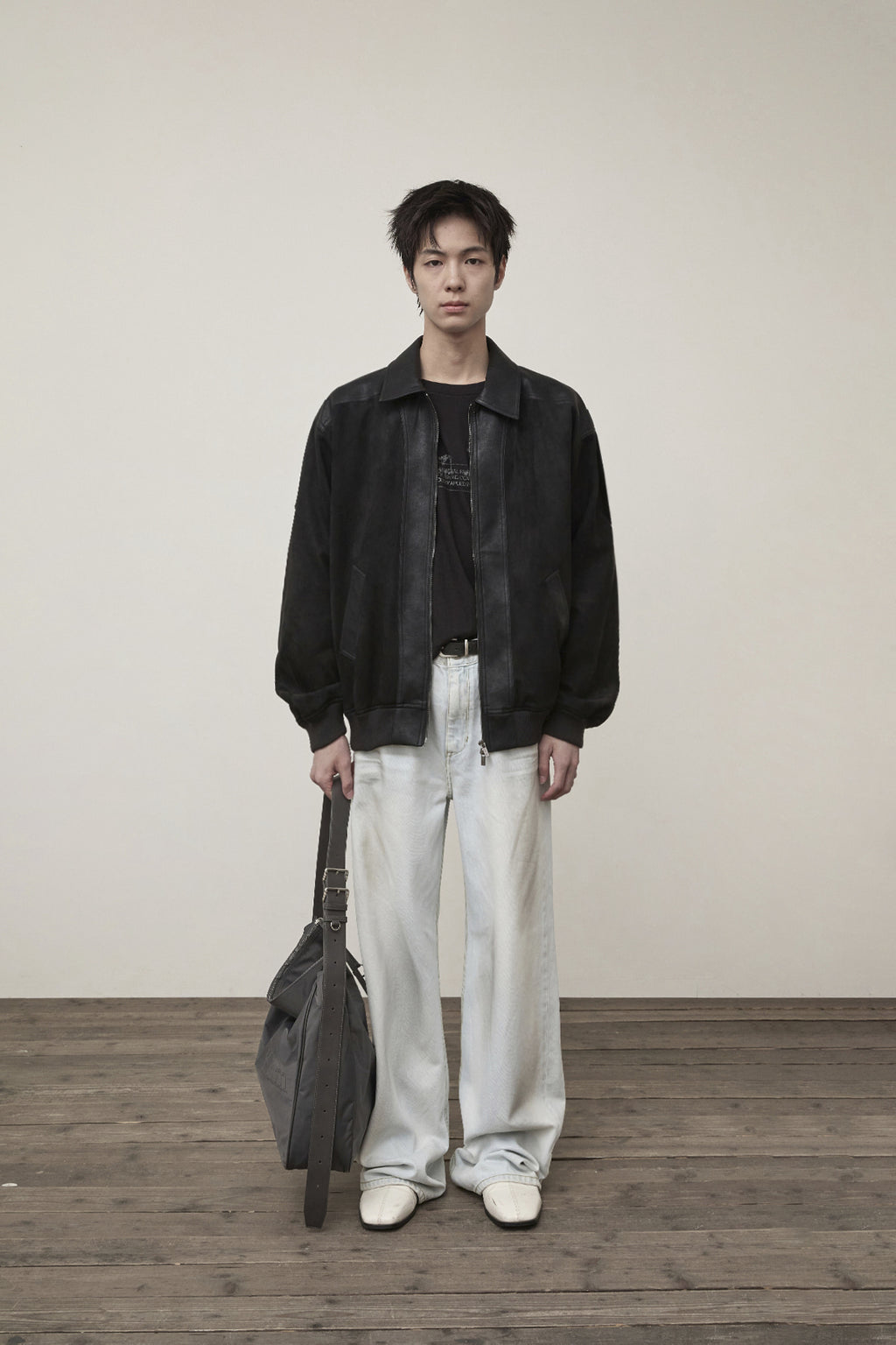 [matinkim] SUEDE MIX LEATHER ZIP UP JUMPER FOR MEN IN BLACK