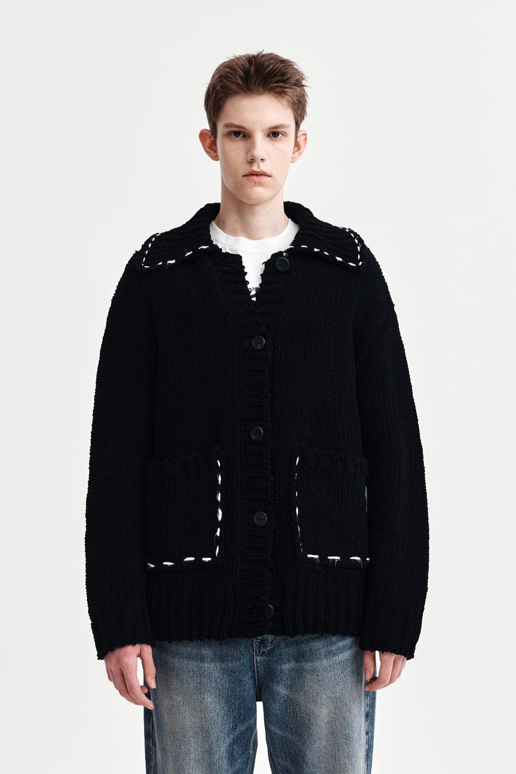 [matinkim] HANDMADE COLLAR KNIT CARDIGAN FOR MEN IN BLACK