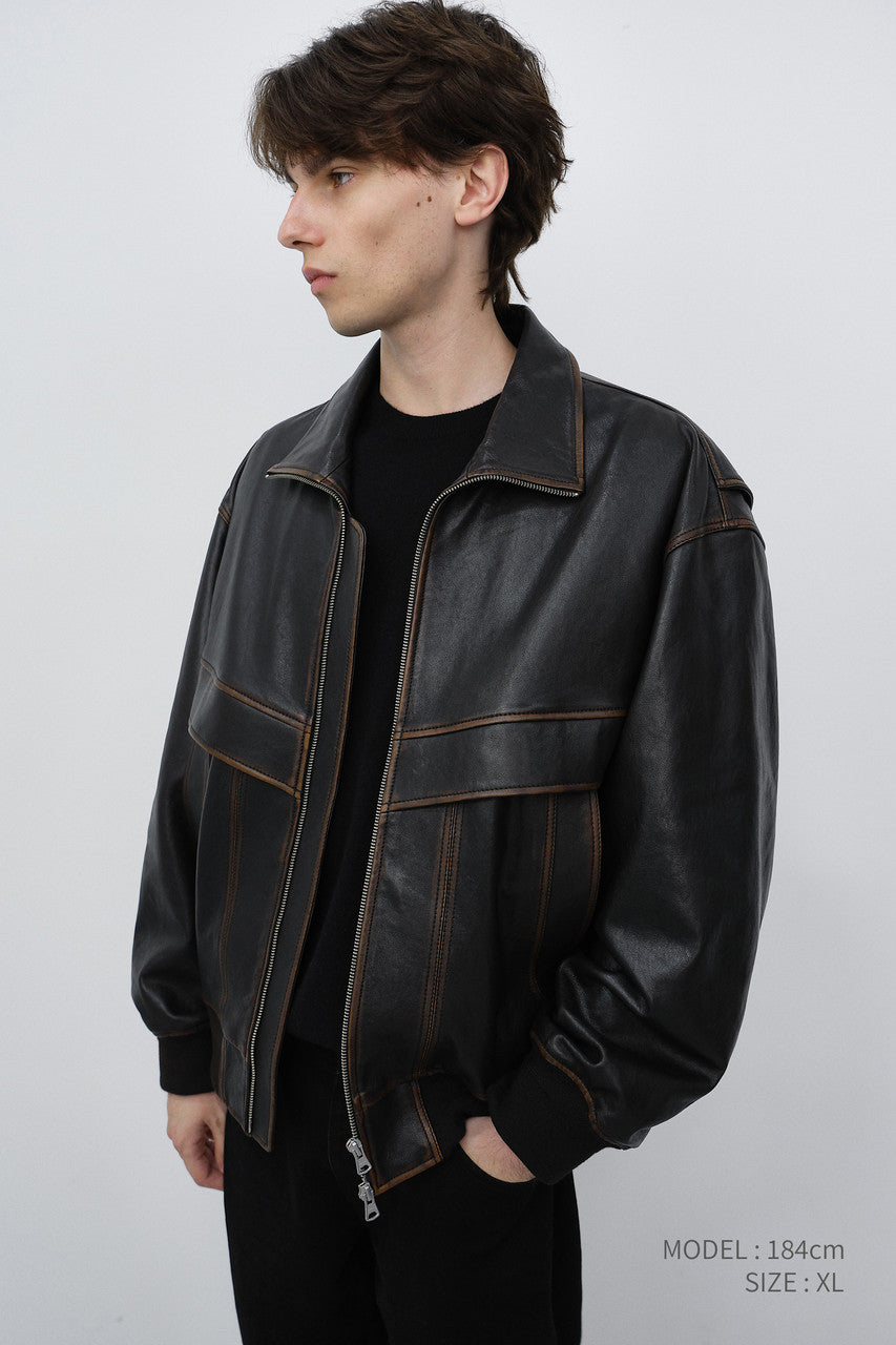 Dunst Unisex Stand Collared Leather Blouson Brushed Brown