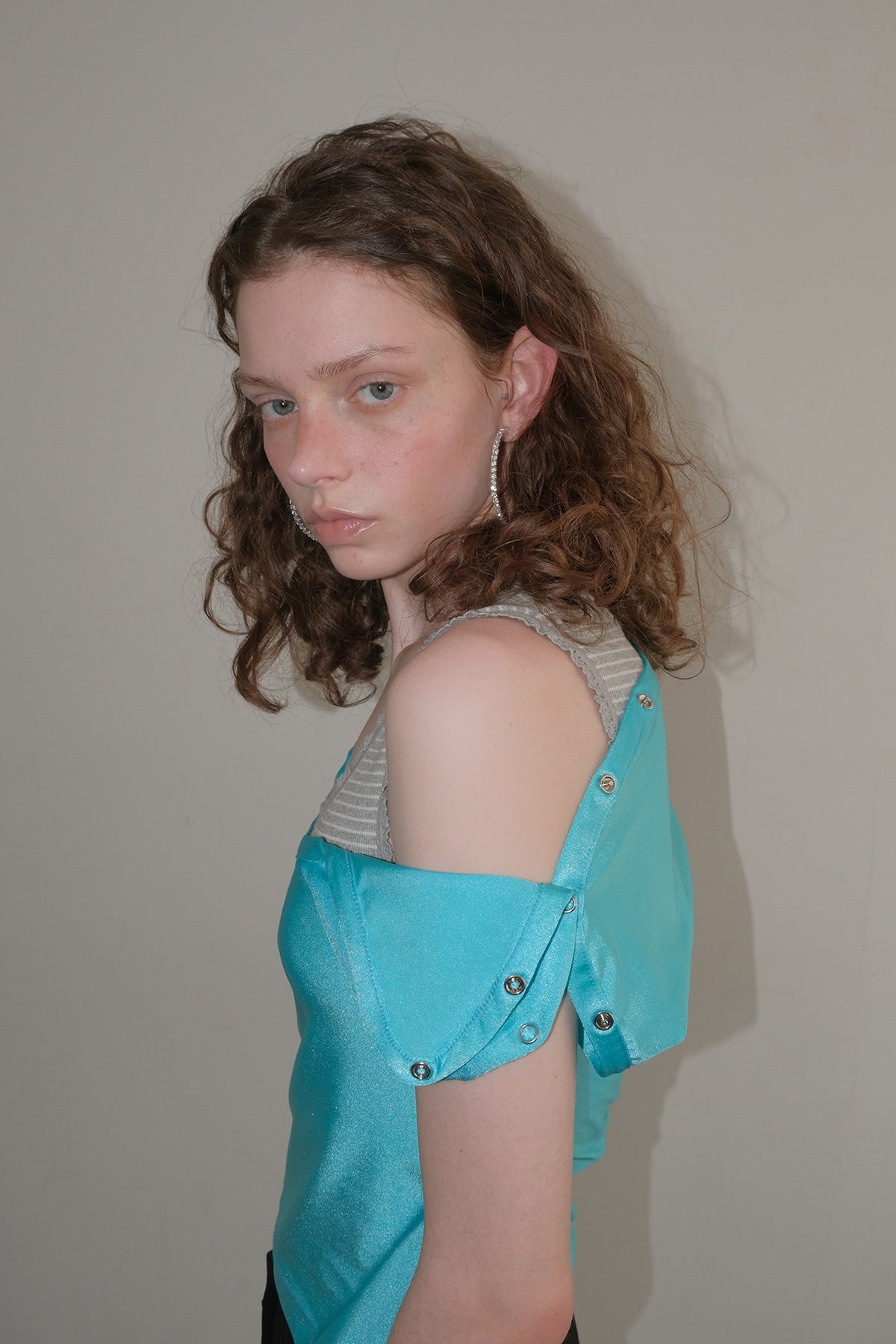 Overdueflair Snap Shoulder T-Shirt Turquoise Blue