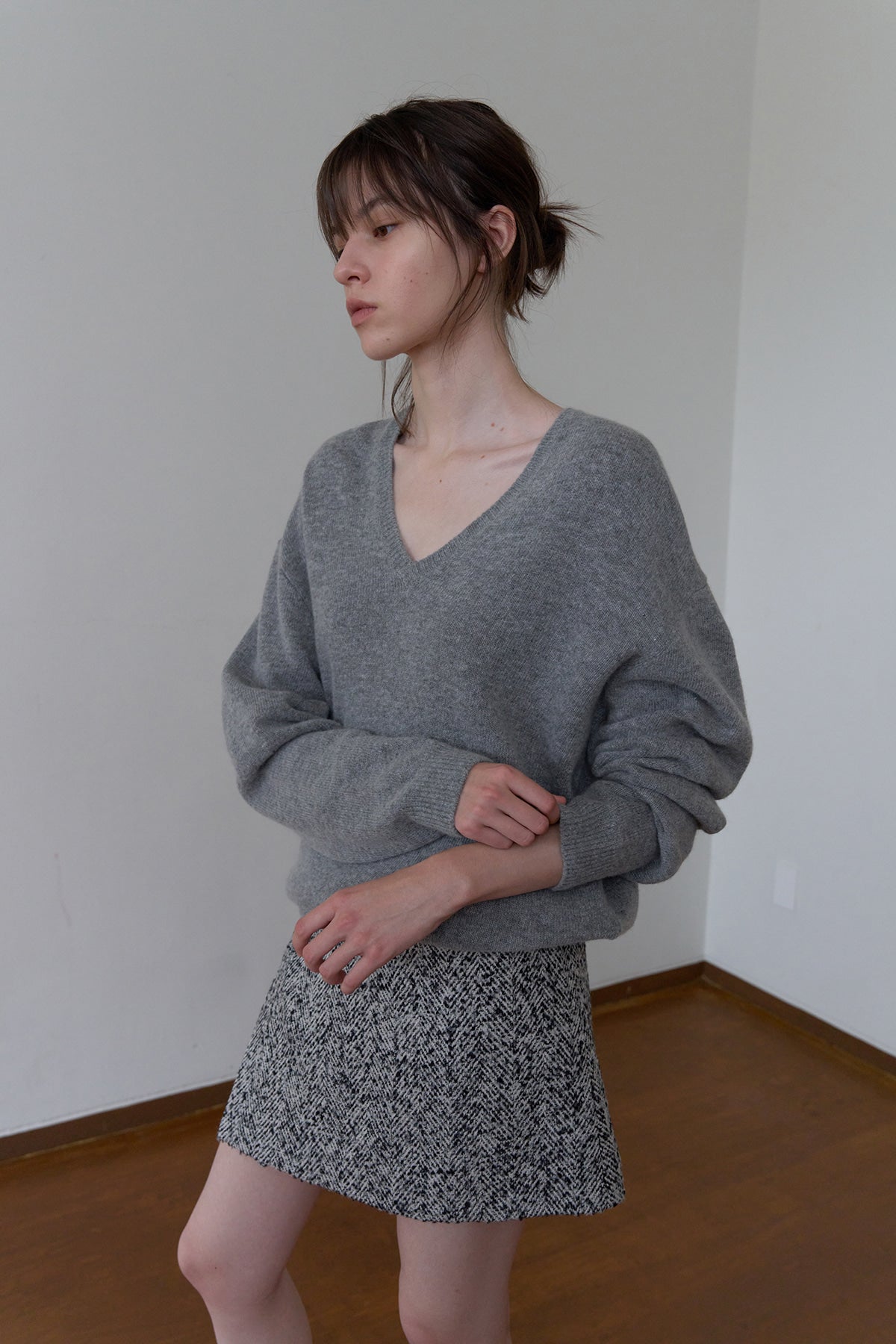 Overdueflair Relaxed Fit V-Neck Knit Melange Grey
