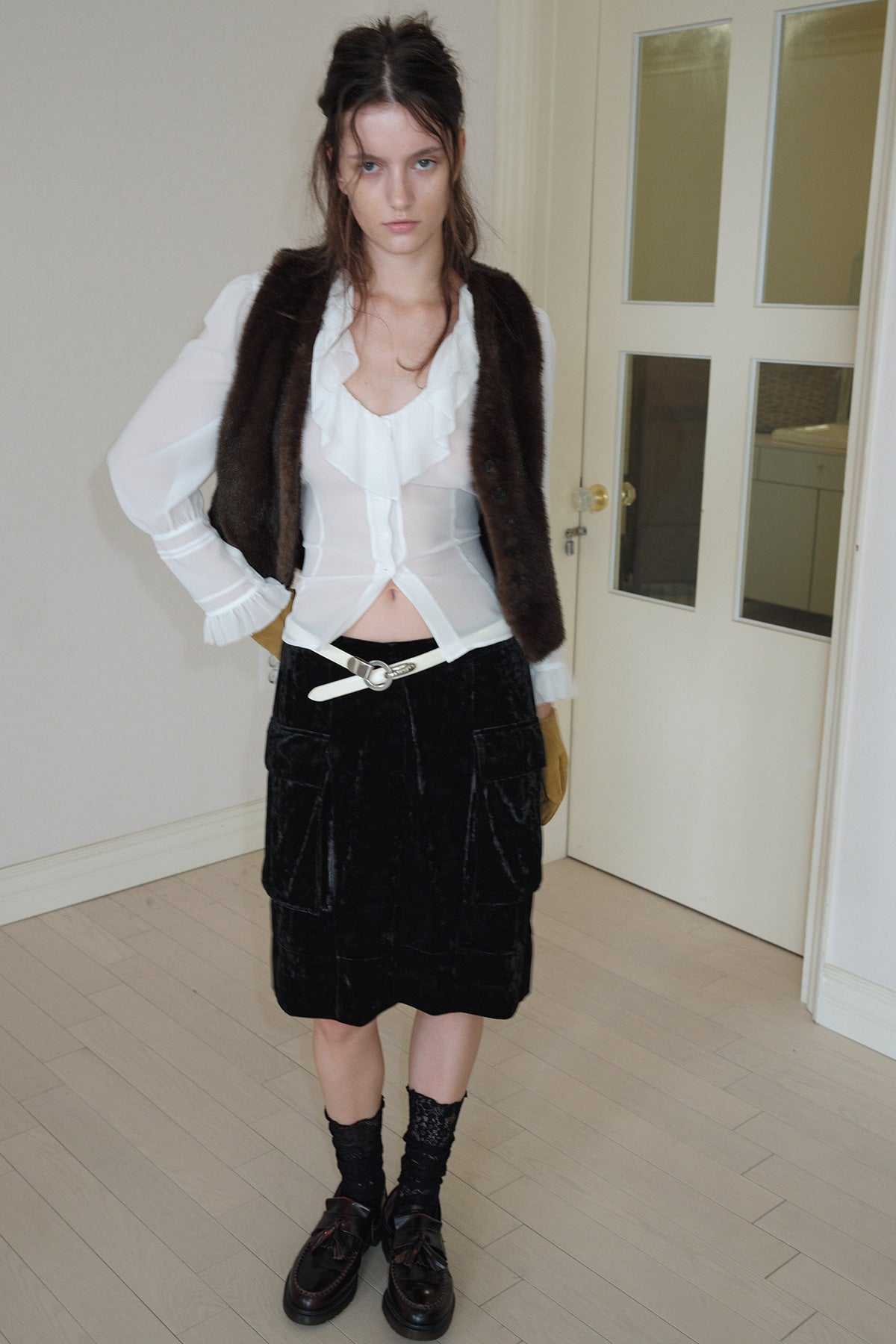 Overdueflair Velvet Cargo Midi Skirt Black