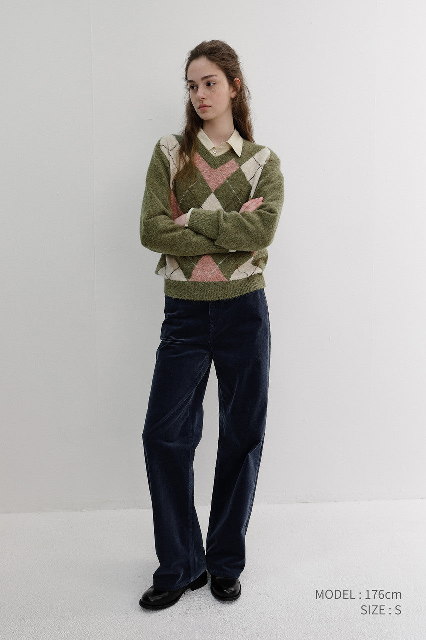 Dunst Unisex Hairy Alpaca Argyle Sweater Olive Khaki