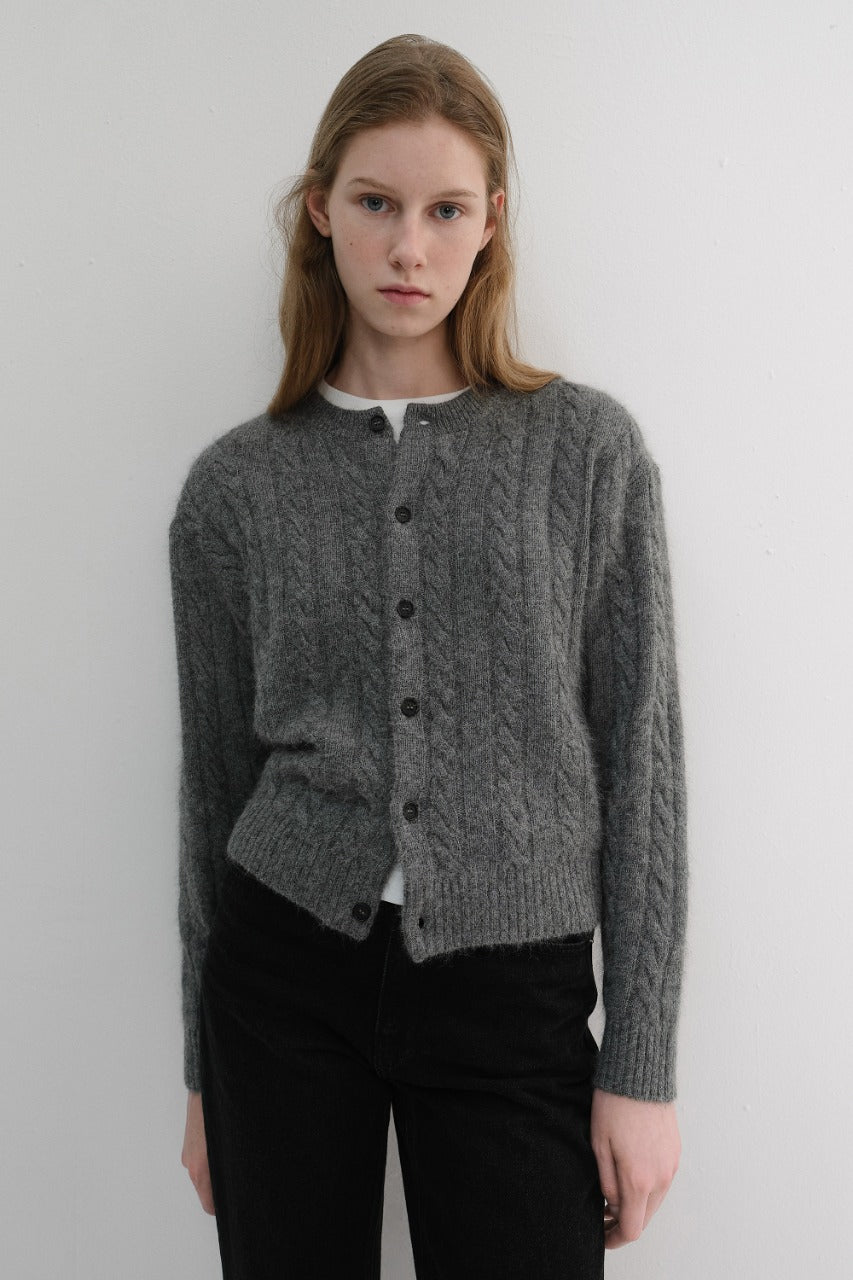 Dunst Unisex Hairy Cable Crew Neck Cardigan Melange Grey