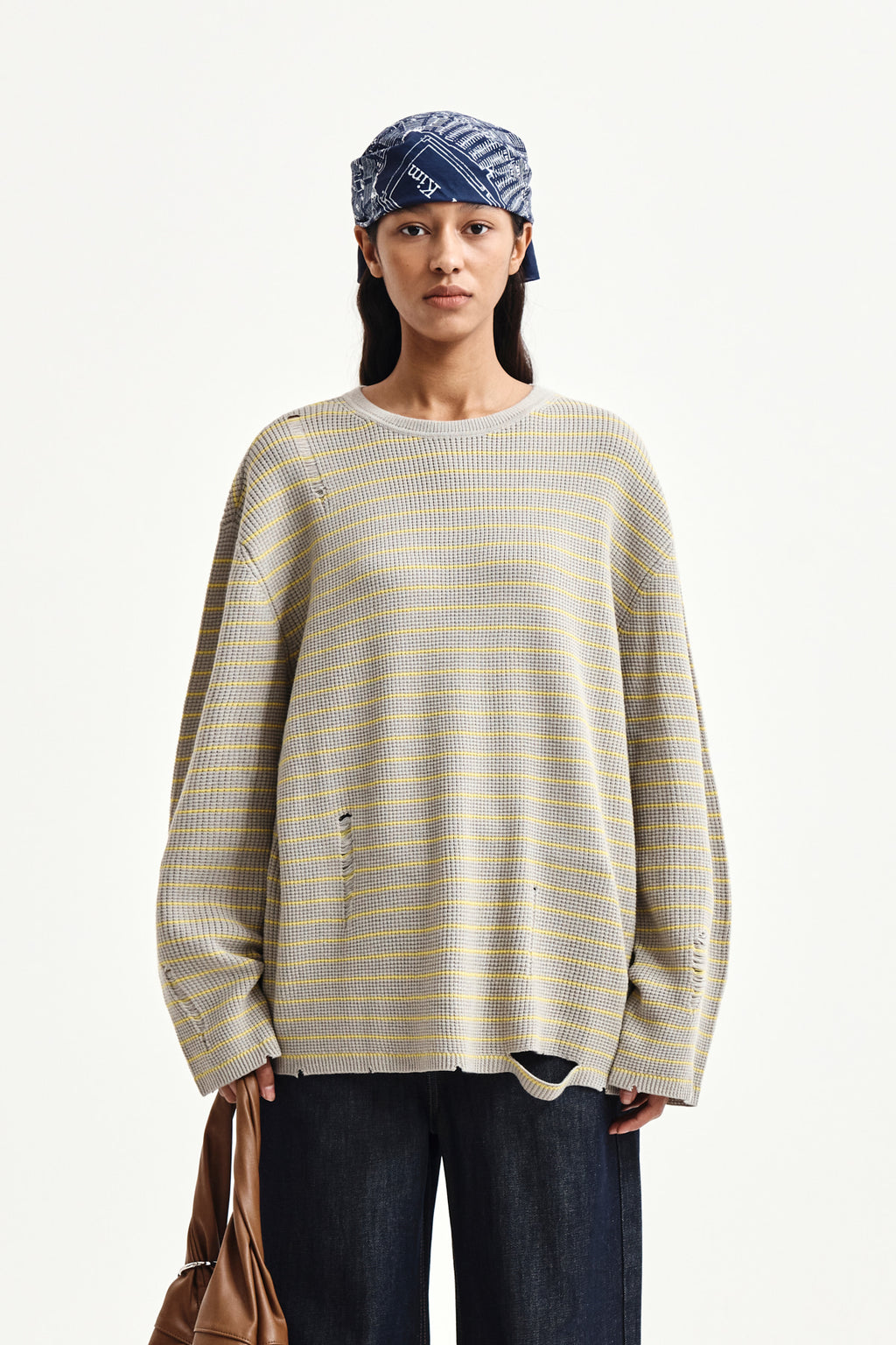 Matinkim Stripe Damaged Loose Pullover IN Beige