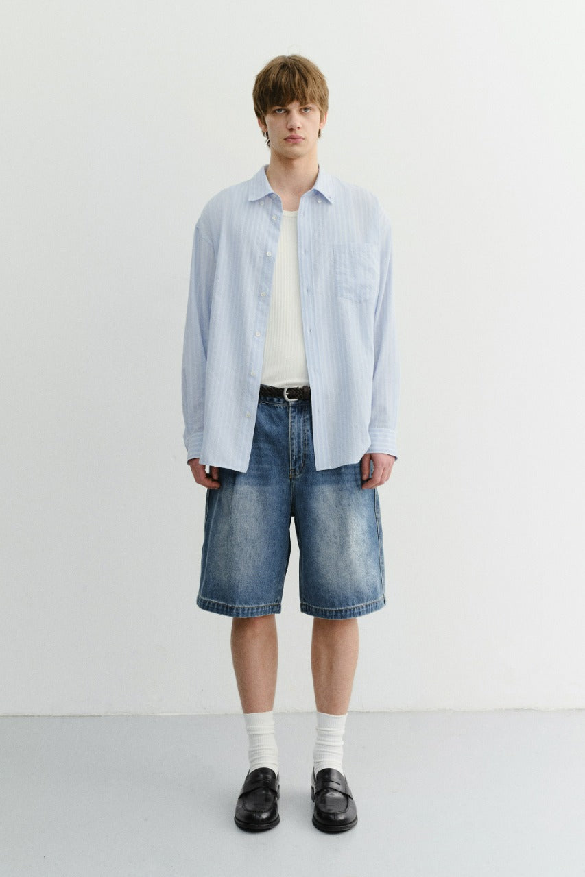 Dunst Pleated Bermuda Denim Shorts Classic Blue