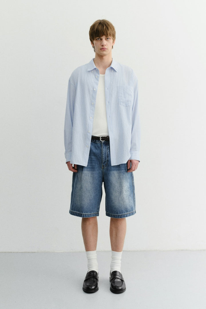 Dunst Pleated Bermuda Denim Shorts Classic Blue