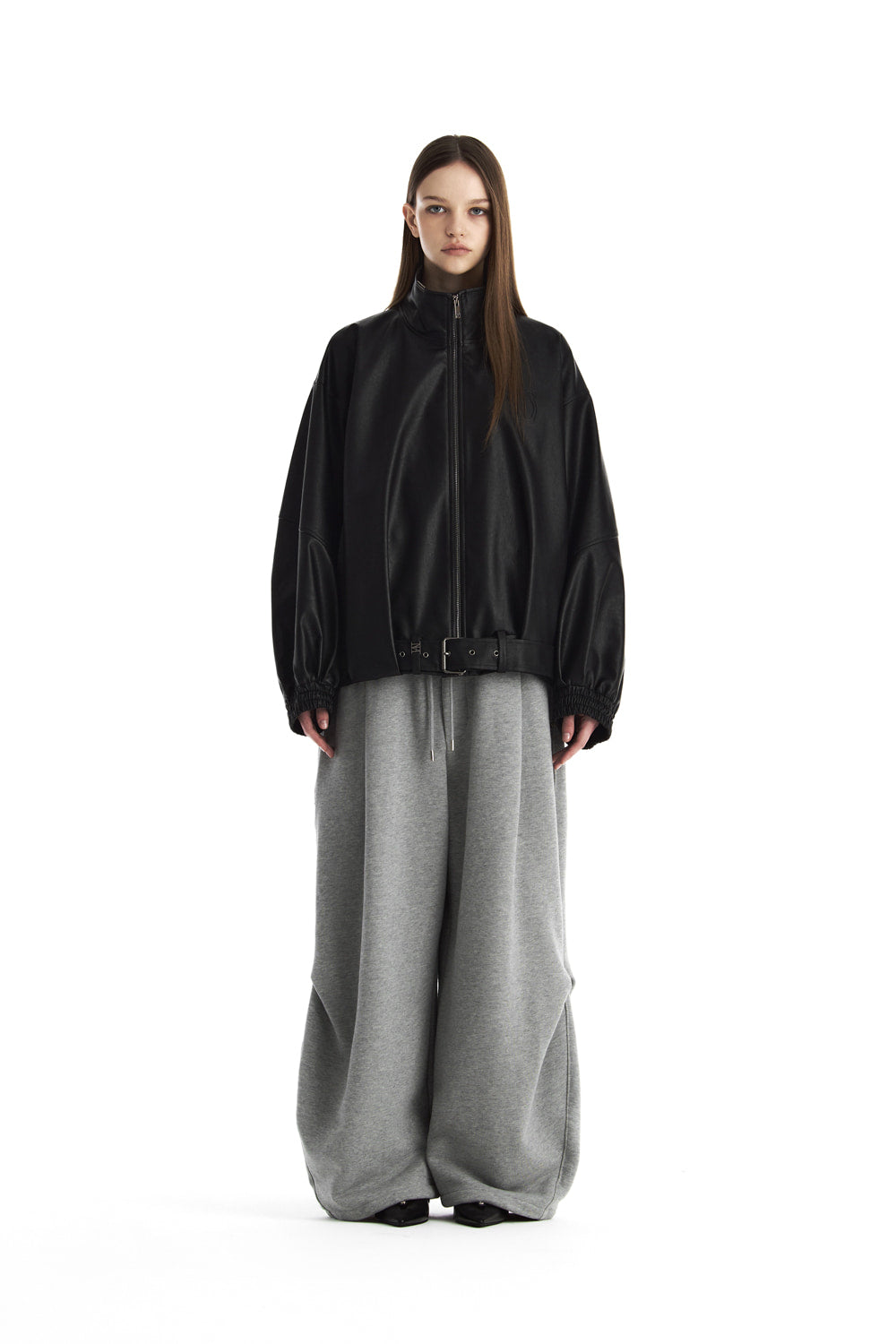 Treemingbird Belted Oversized Leather Blouson Black