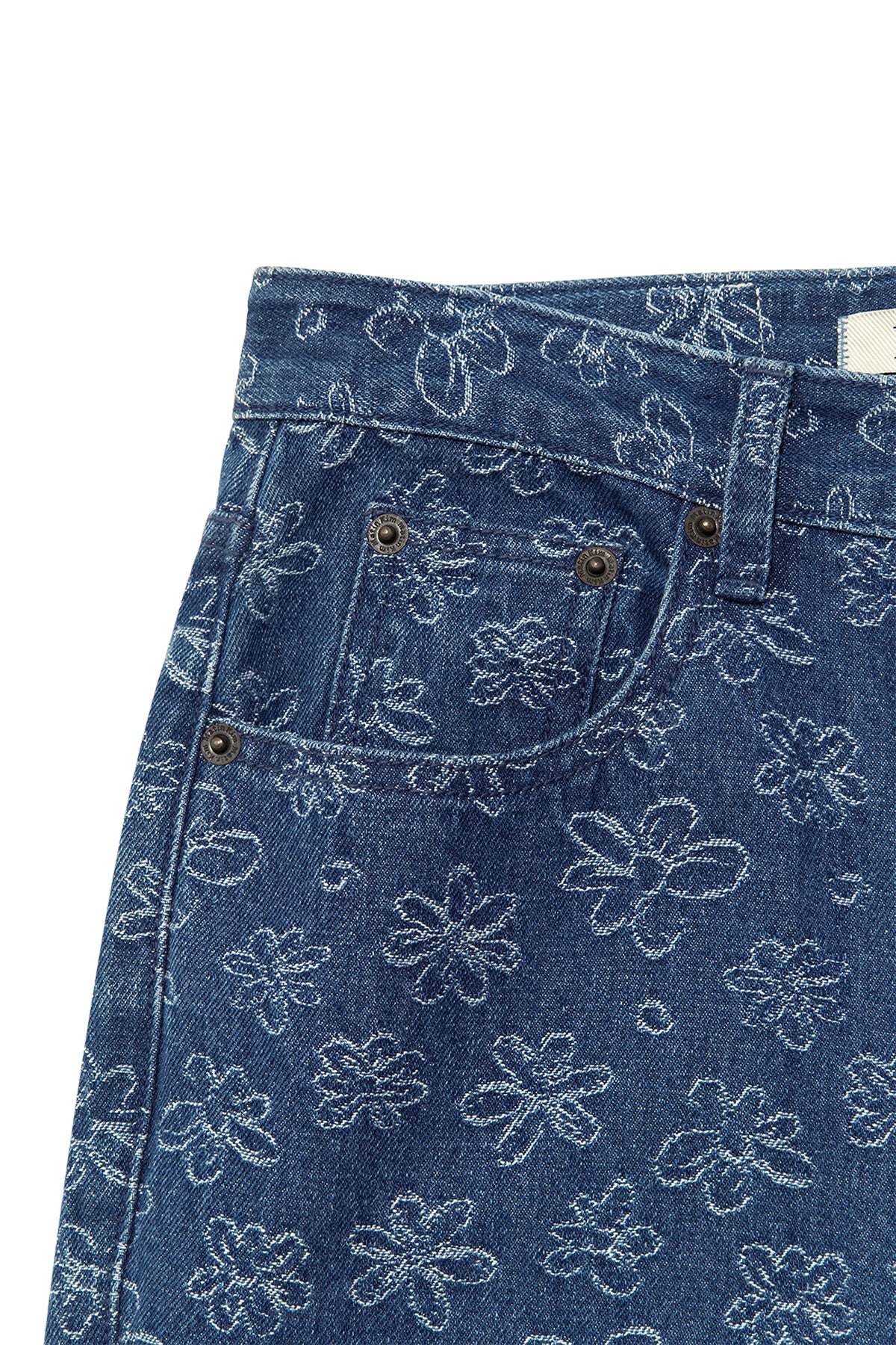 [matinkim] Flower Pattern Flare Denim Pants IN Blue
