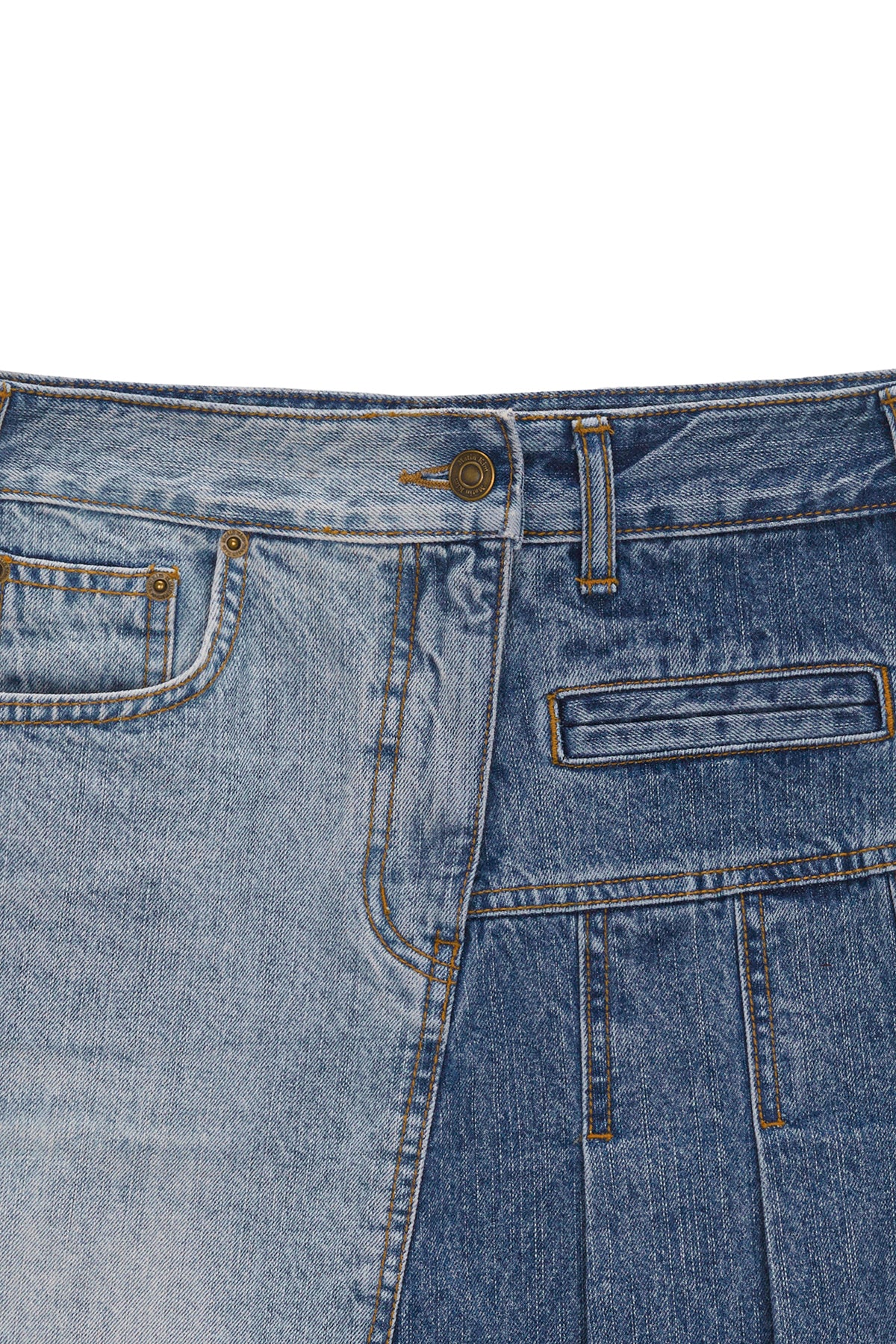 [matinkim] PLEATS POINT DENIM MIDI SKIRT IN BLUE