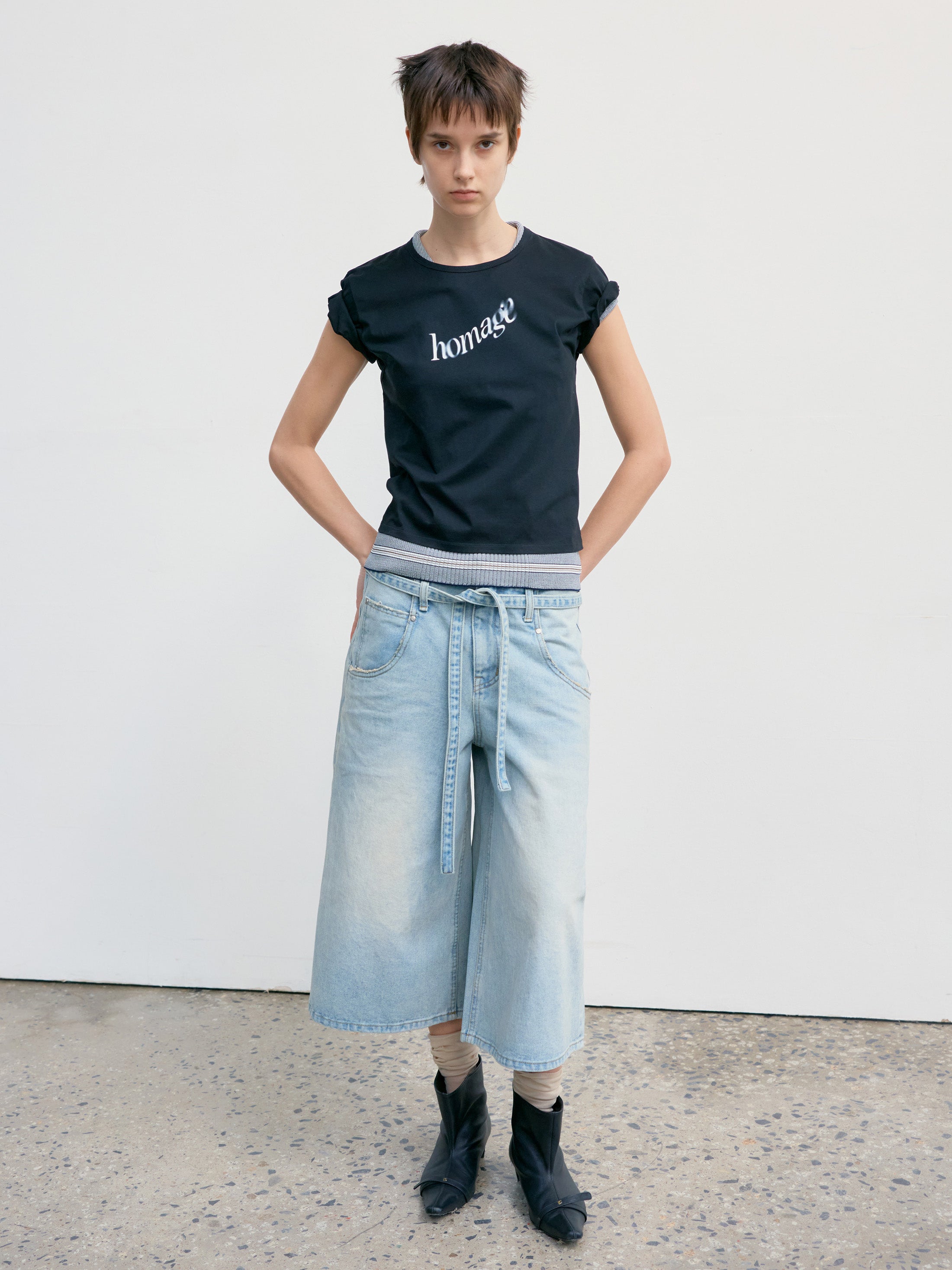 Low Classic Belted Denim Bermuda Pants in blue, showcasing authentic Korean designer fashion.