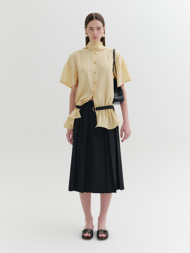 EENK Belted Pleated Midi Skirt - Black