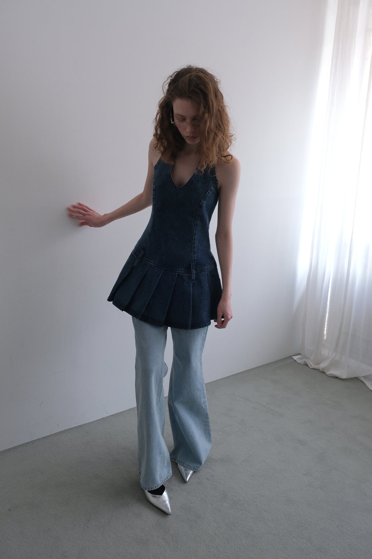 Overdueflair Halter Neck Pleated Denim Dress Indigo