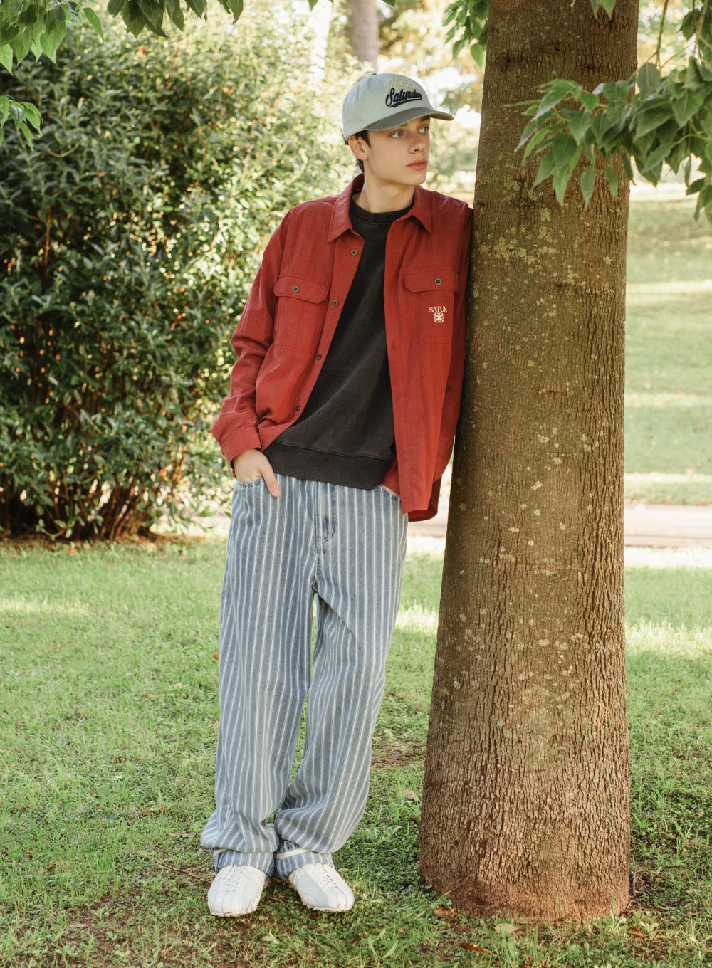Satur Stripe Denim Roll Up Pants - Blue