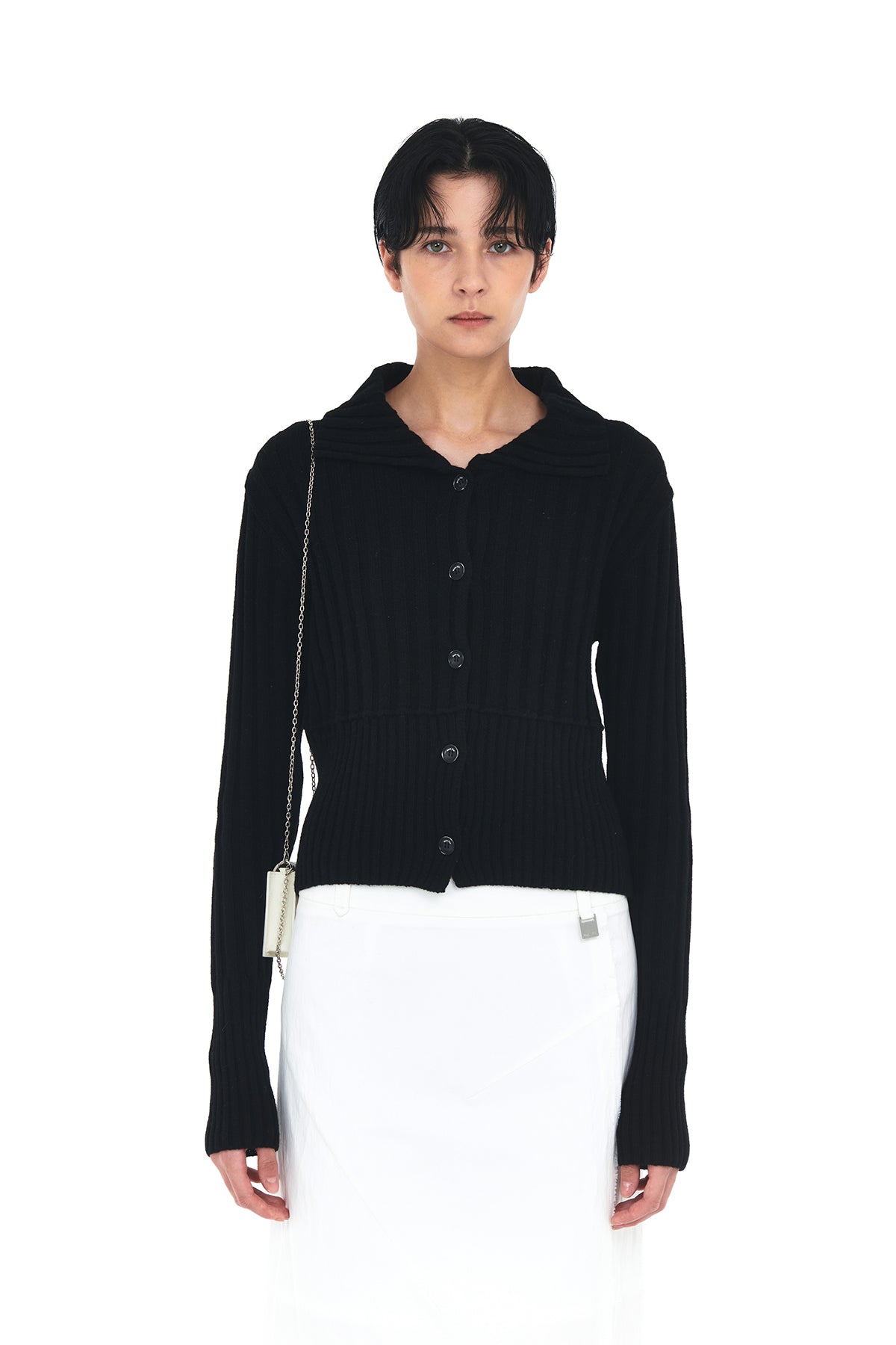 [matinkim] SEMI CROP KNIT BUTTON CARDIGAN IN BLACK