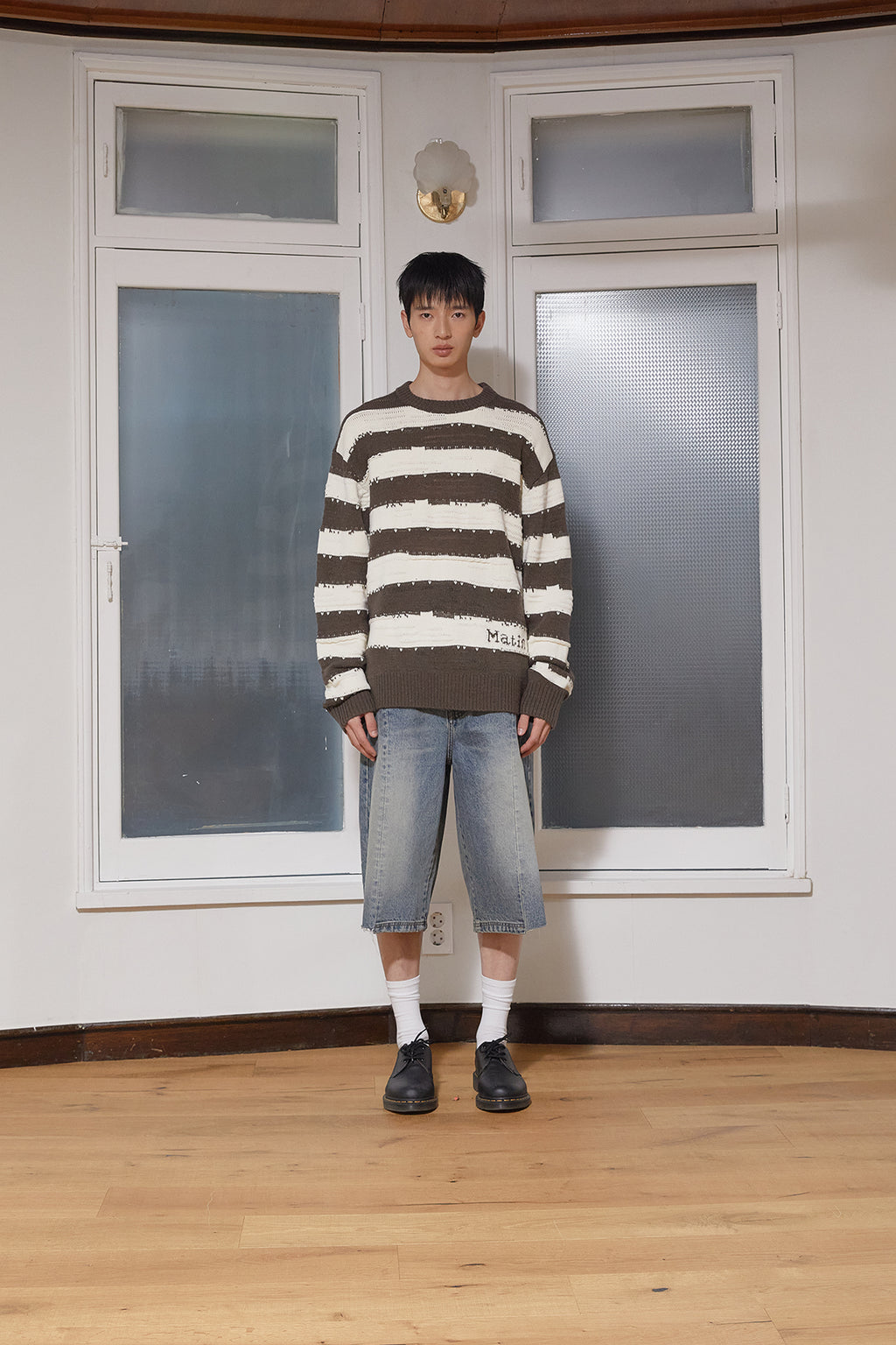 Matinkim Stripe Vintage Loose Pullover For Men IN Khaki Brown