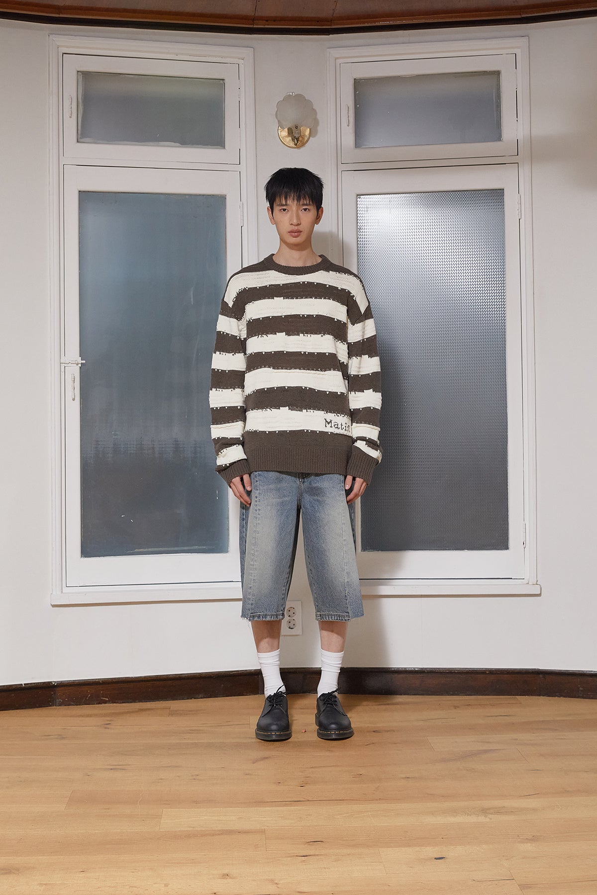 Matinkim Stripe Vintage Loose Pullover For Men IN Khaki Brown