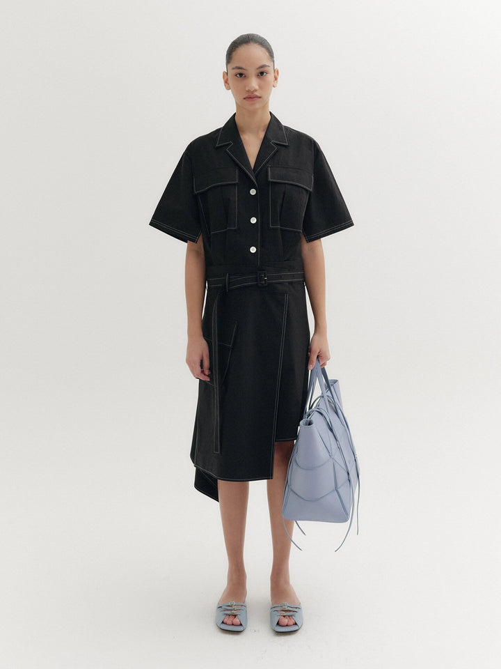 EENK Belted Low-Waist Shirt Dress - Black