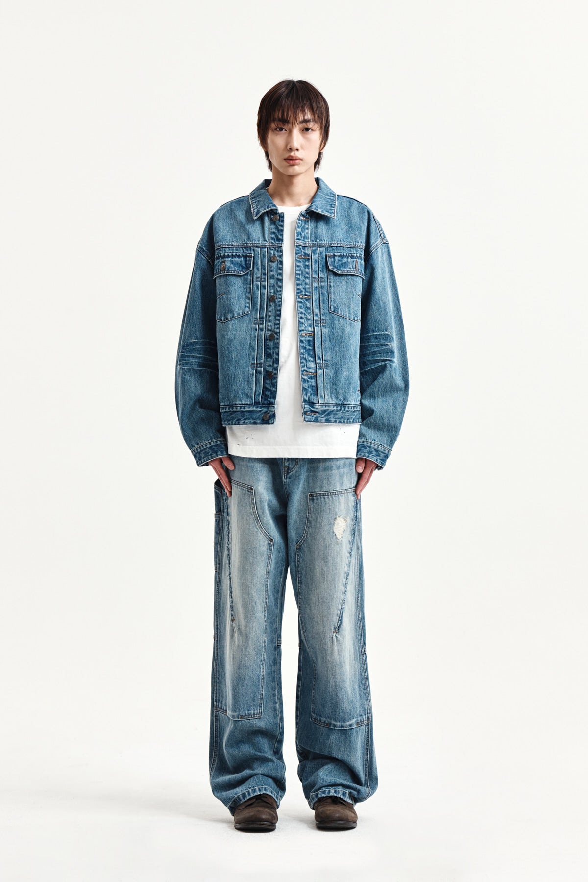 [matinkim] VINTAGE WASHED DOUBLE KNEE DENIM PANTS FOR MEN IN BLUE