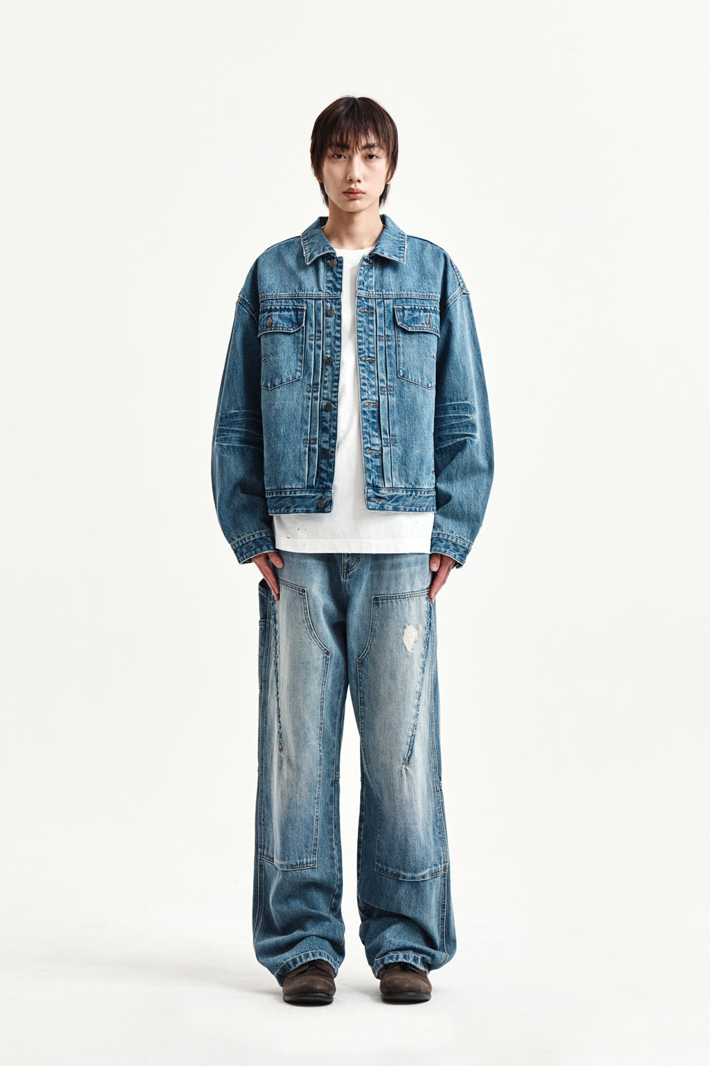 Matinkim Vintage Washed Double Knee Denim Pants For Men IN Blue