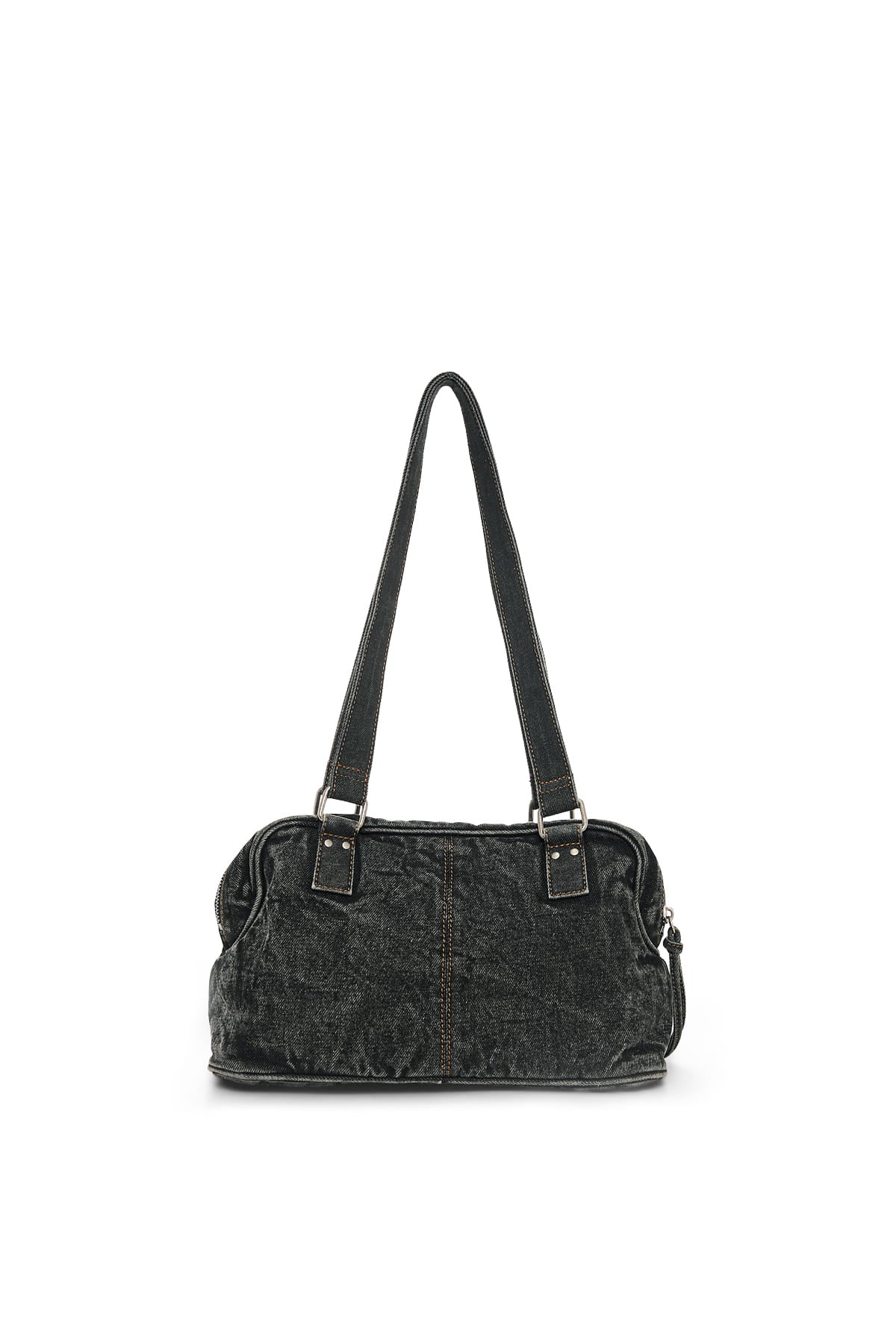 Black denim shoulder bag by Matin Kim, featuring a minimalist one-pocket design.