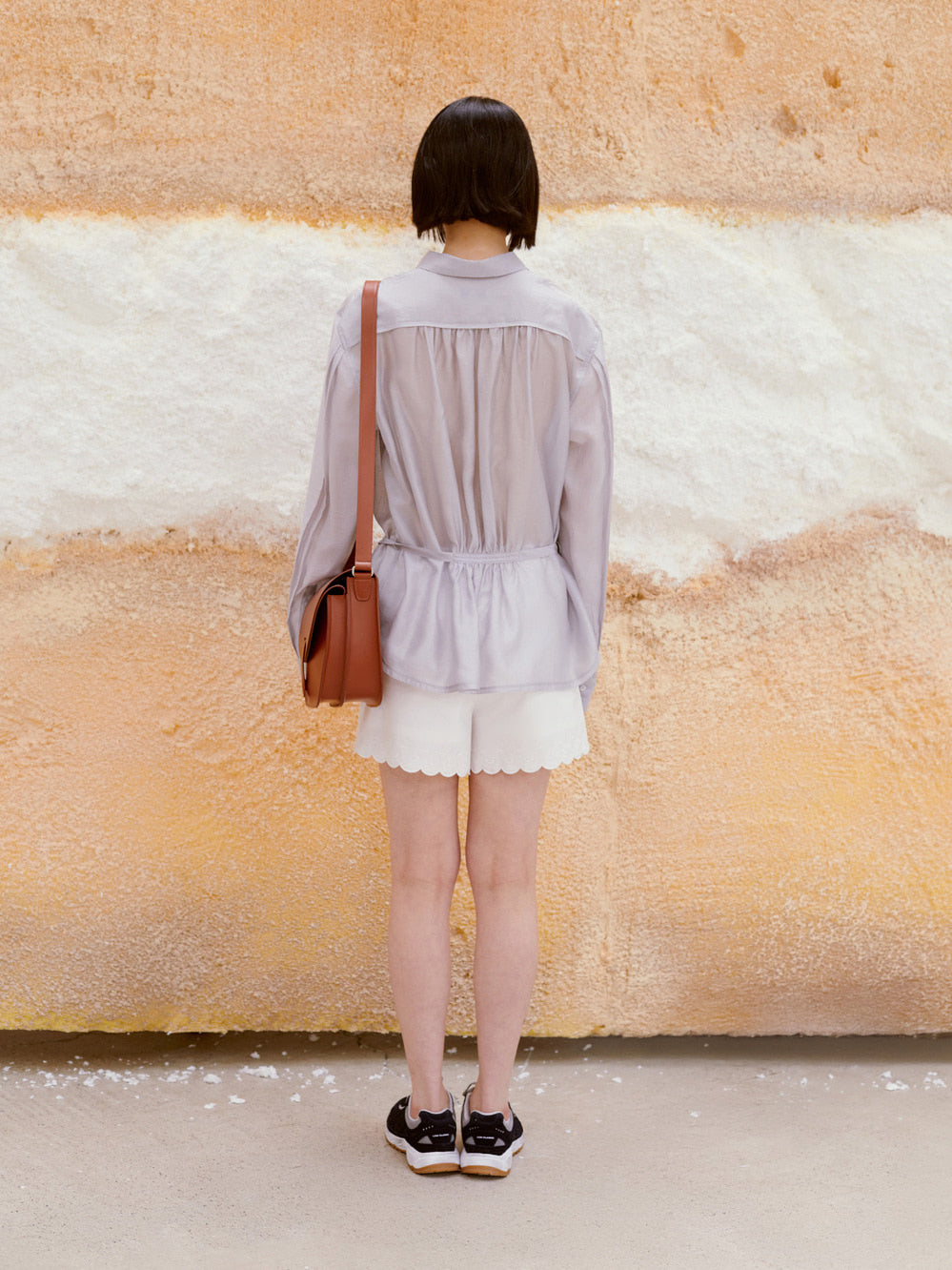 Low Classic See-Through Shirred Back Blouse Light Grey