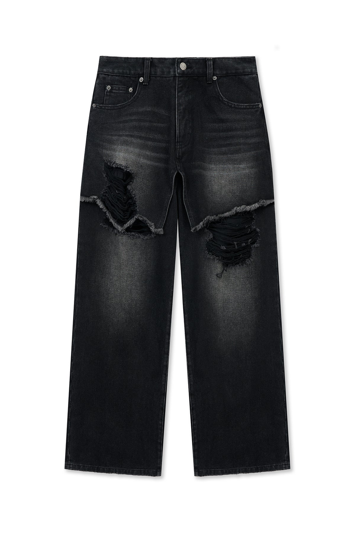 [matinkim] FRONT LAYERED DISTRESSED DENIM PANTS IN BLACK