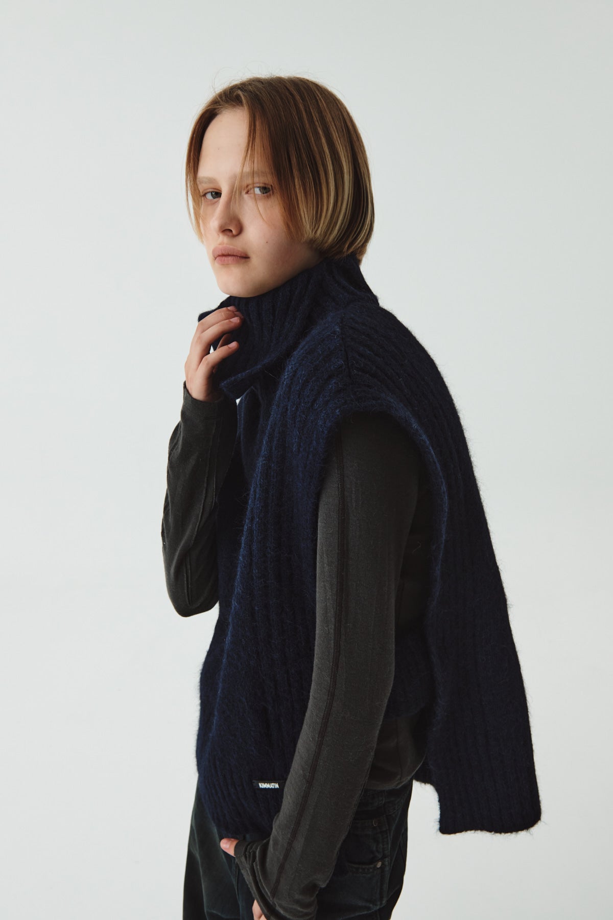 Matinkim High Neck Wool Knit Vest IN Navy