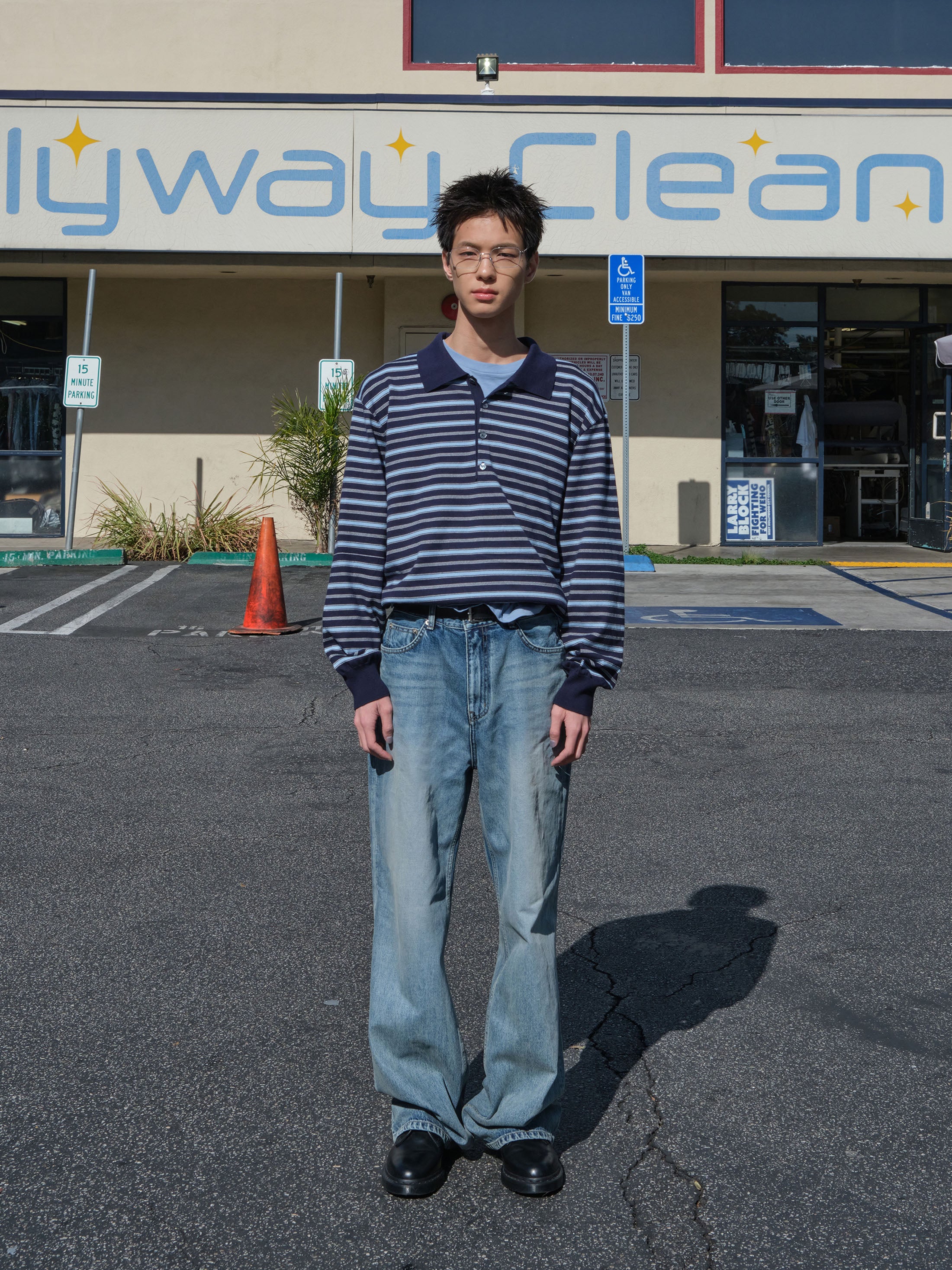 Low Classic Striped Open Collar Sweater Navy Stripe