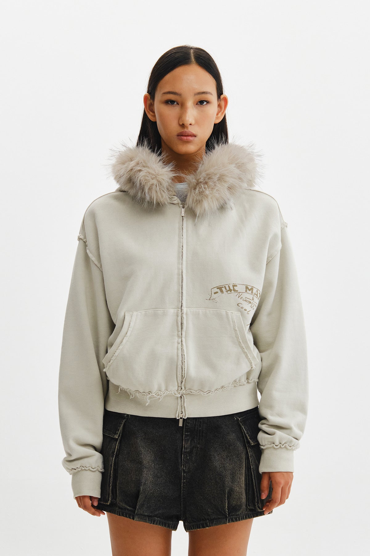 Matinkim Vintage Graffiti Fur-Trim Hoody Zip UP IN Light Beige