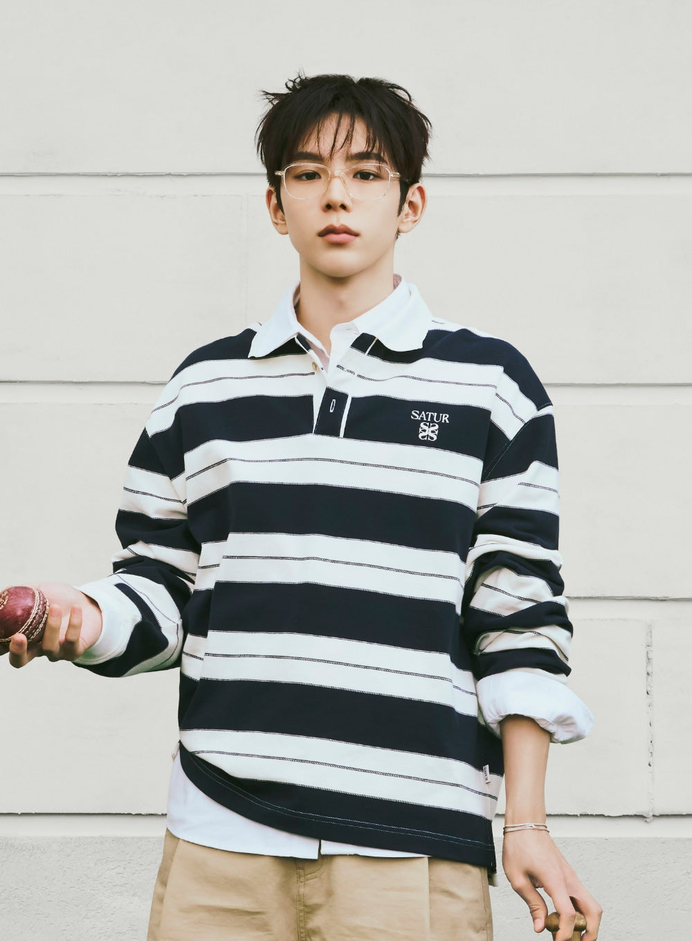 [SATUR] Apero Stripe Pique Long Sleeve - Navy