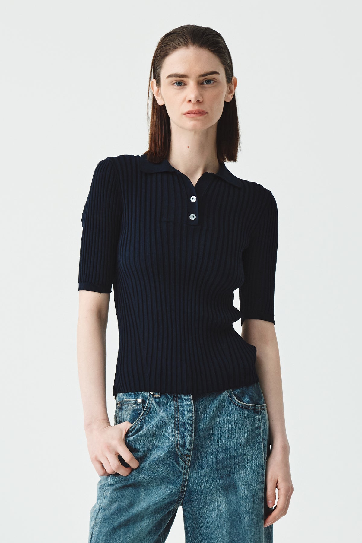 Matinkim See-Through Knit Pique Top IN Navy