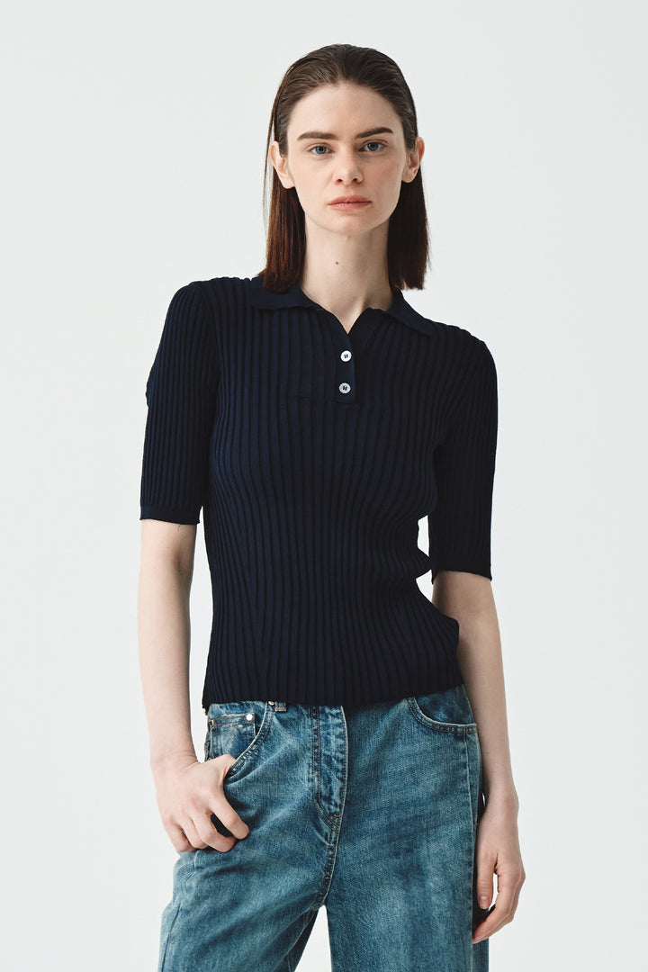 Matinkim See-Through Knit Pique Top IN Navy