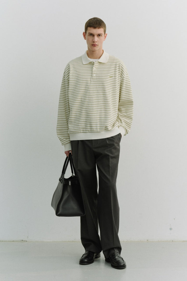 Dunst Unisex Striped Logo Collared T-Shirt Olive Stripe