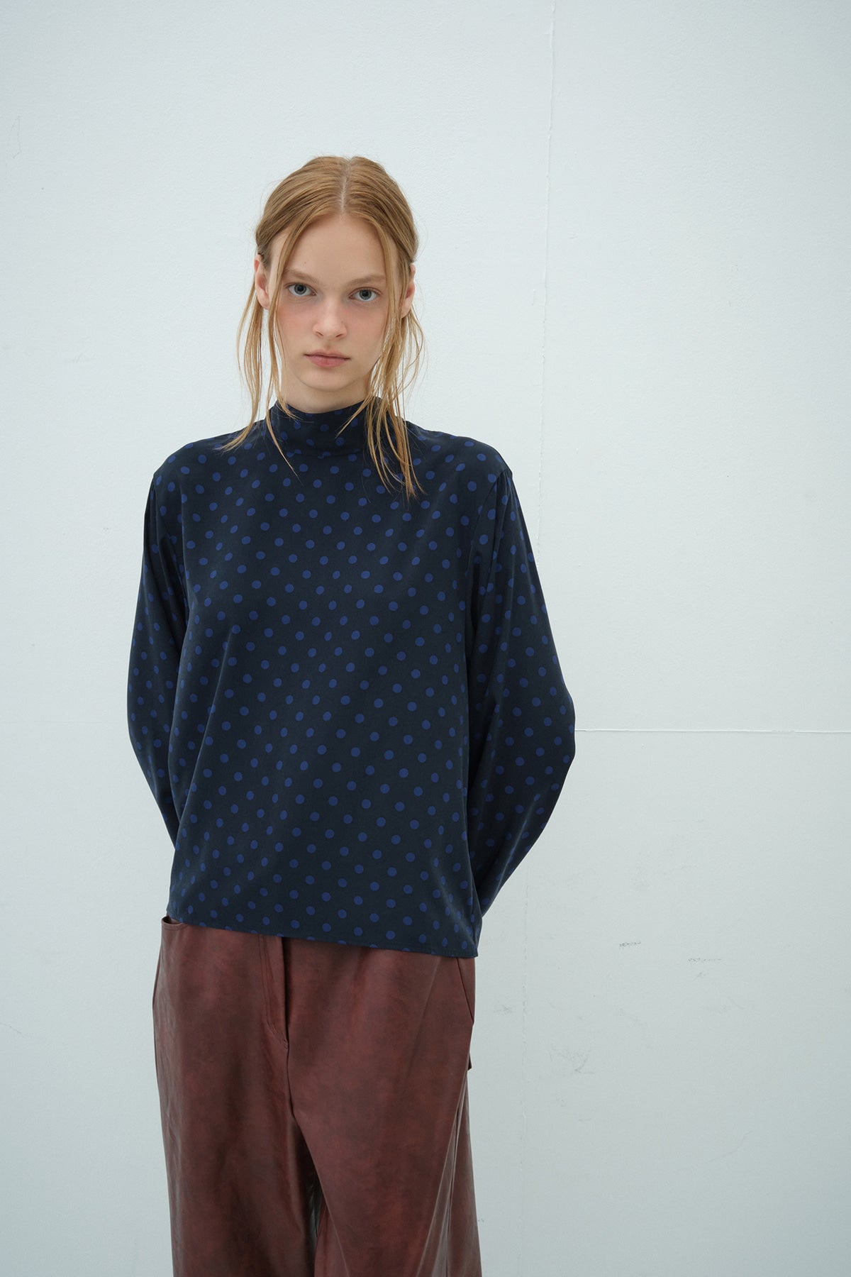 Overdueflair Dot Half Neck Tie Blouse Dot Navy