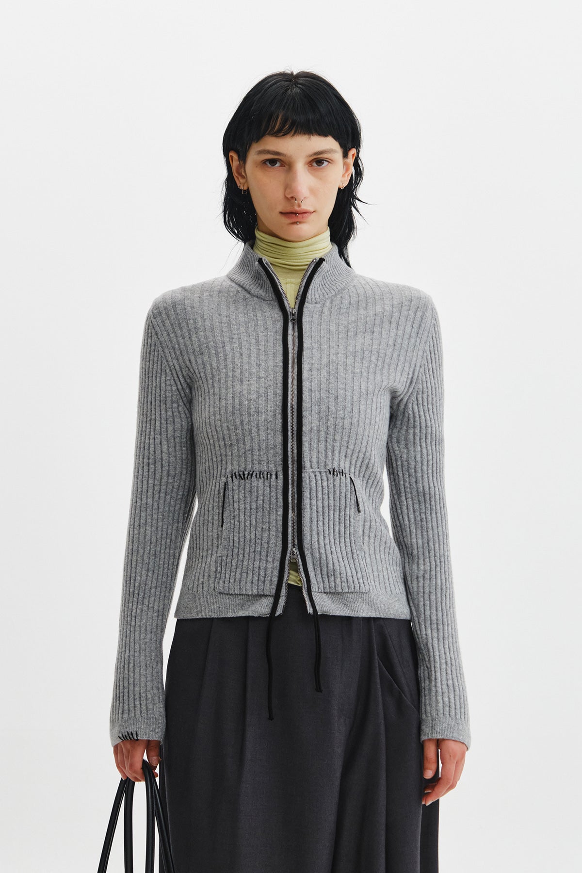 Matinkim Hand Stitch Slim Fit Knit Zip UP IN Grey