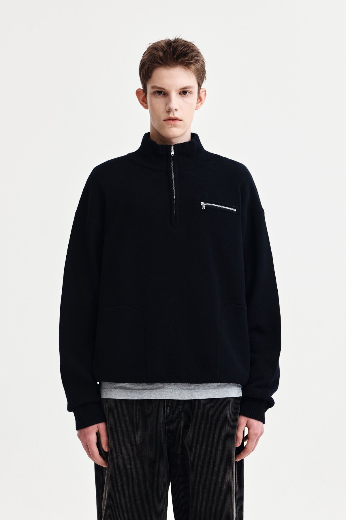 [matinkim] BACK LOGO HALF KNIT ZIP UP PULLOVER FOR MEN IN NAVY