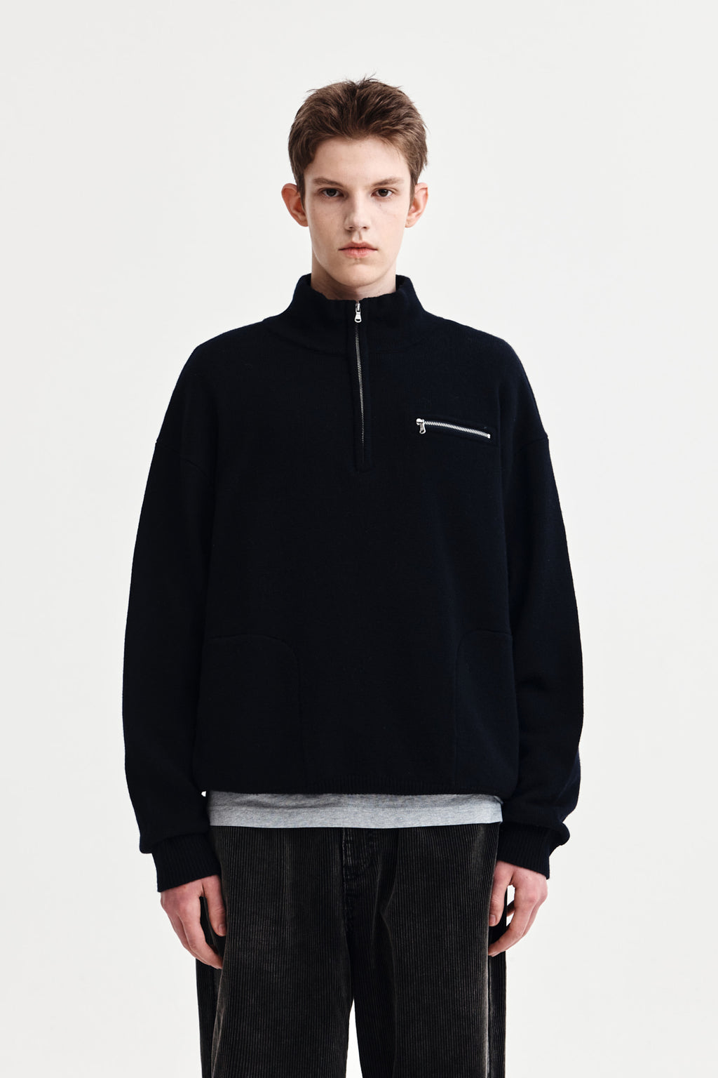 [matinkim] Back Logo Half Knit Zip UP Pullover For Men IN Navy