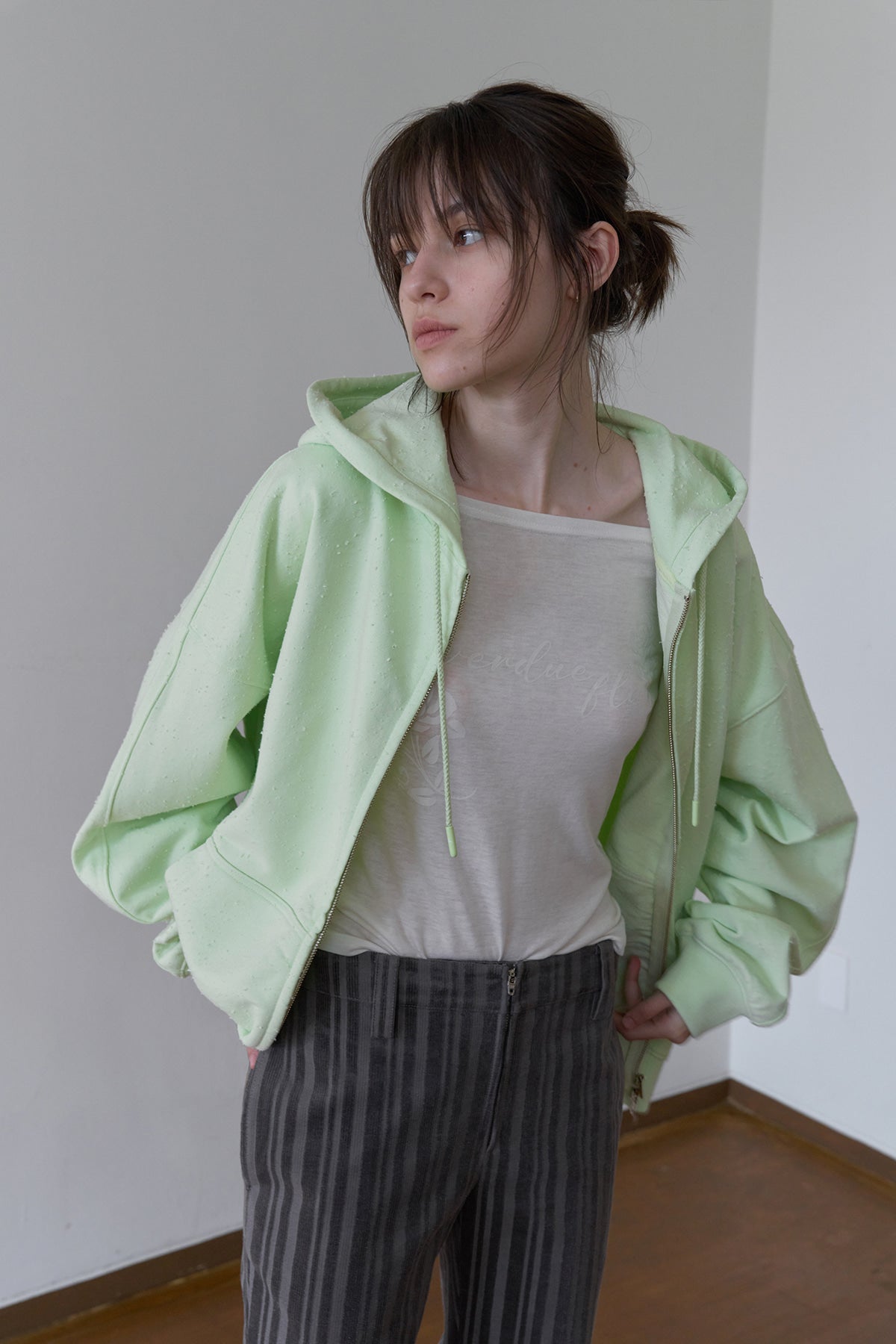 Overdueflair Damaged Washed Zip-Up Hoodie Apple Green
