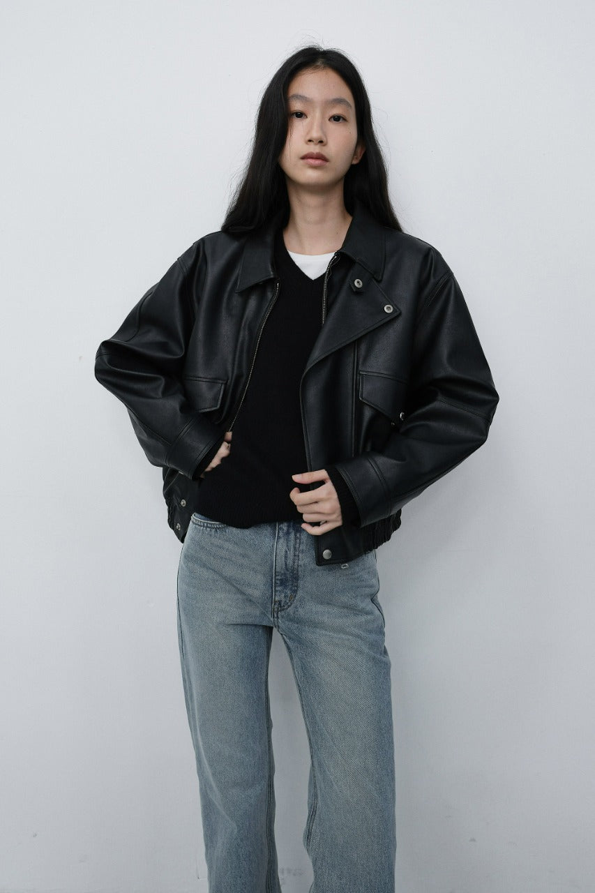 Dunst Unisex Cropped Leather Blouson Black