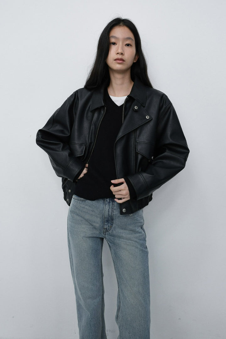 Dunst Unisex Cropped Leather Blouson Black