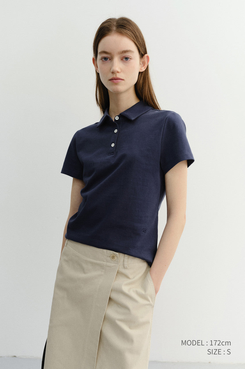 Dunst Cropped Slim Collared T-Shirt Navy