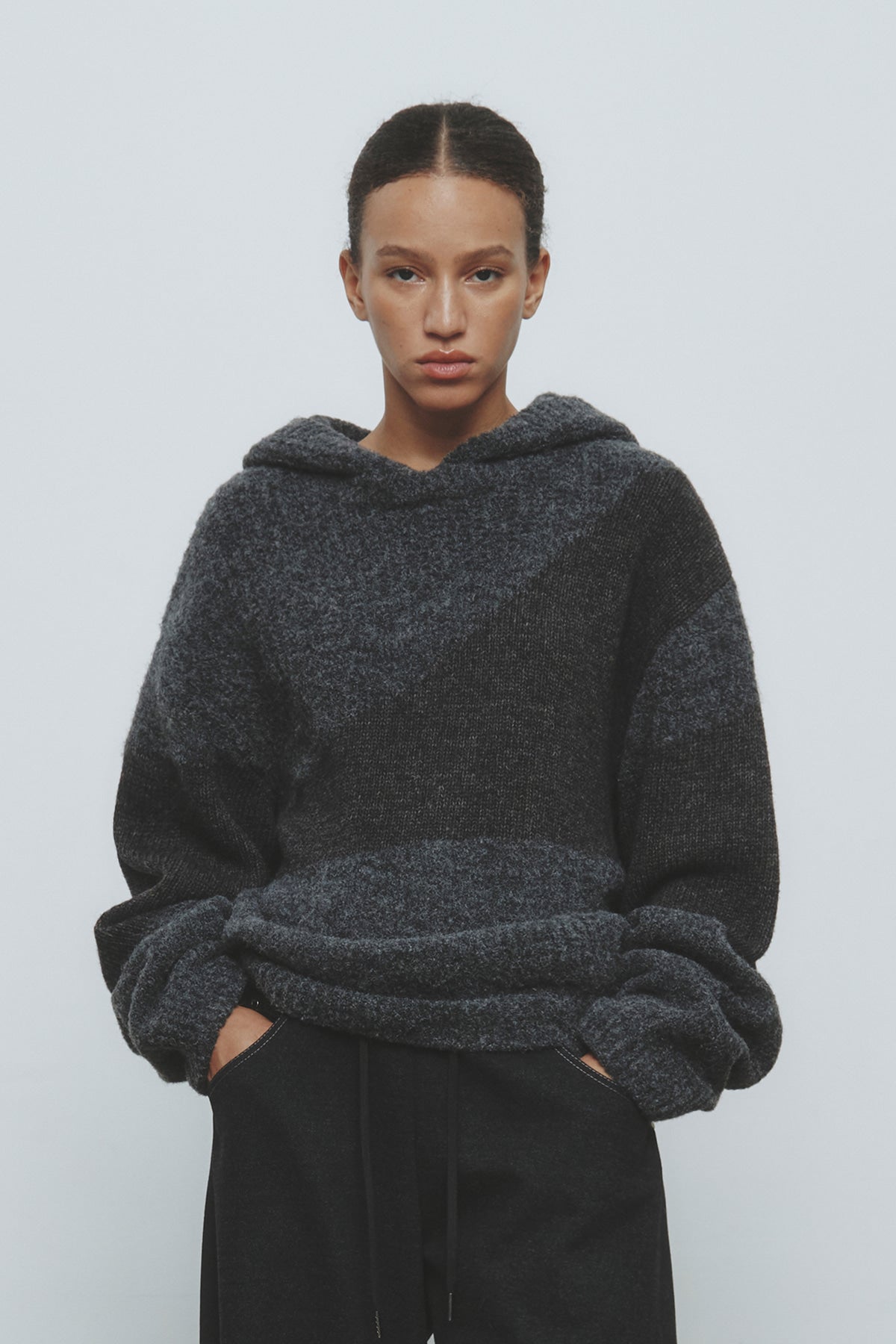 Matinkim Color Mix Unbalance Knit Hoody IN Charcoal
